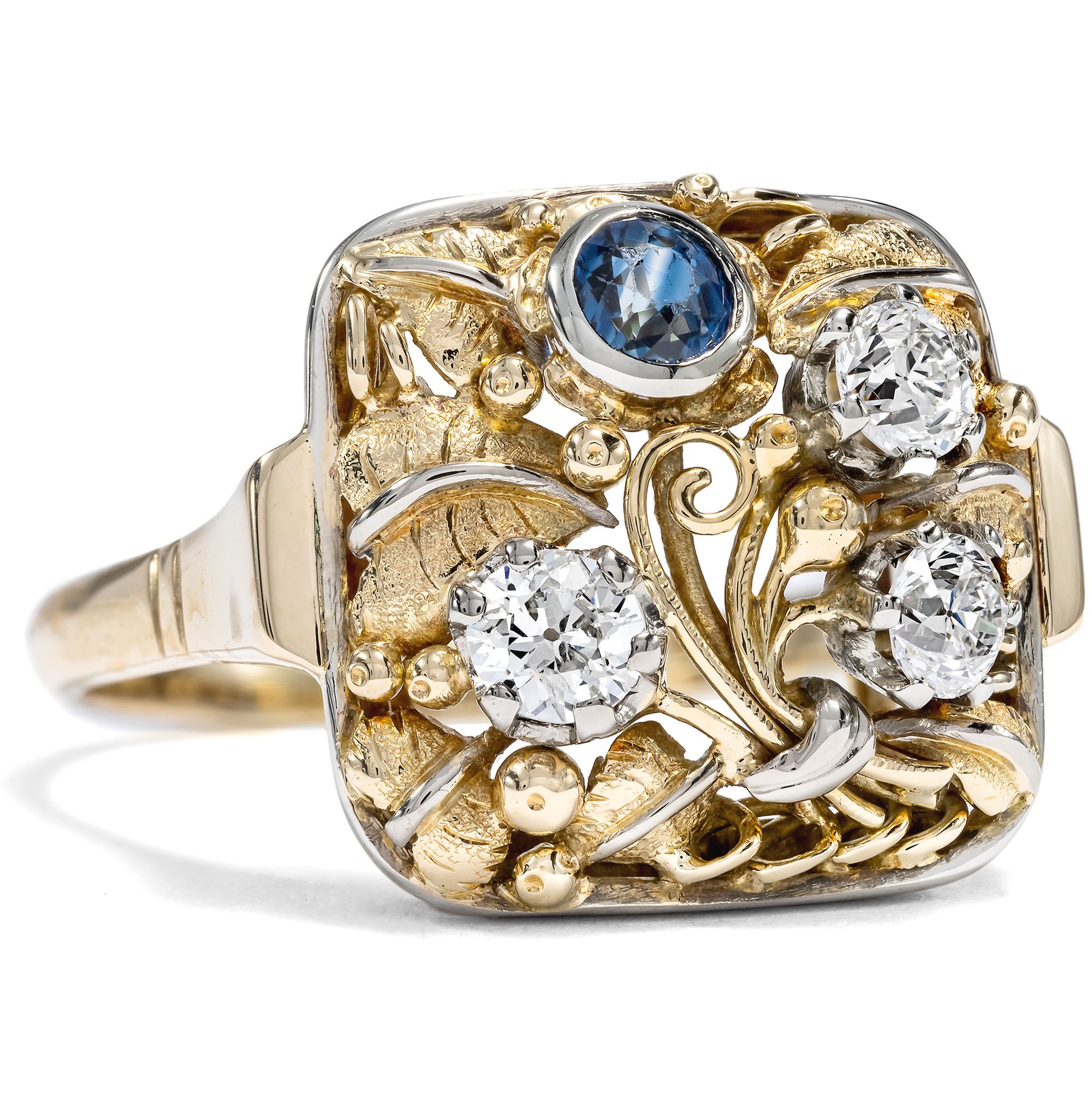 Beautiful Floral Ring with Sapphire and Diamonds, German, c. 1930