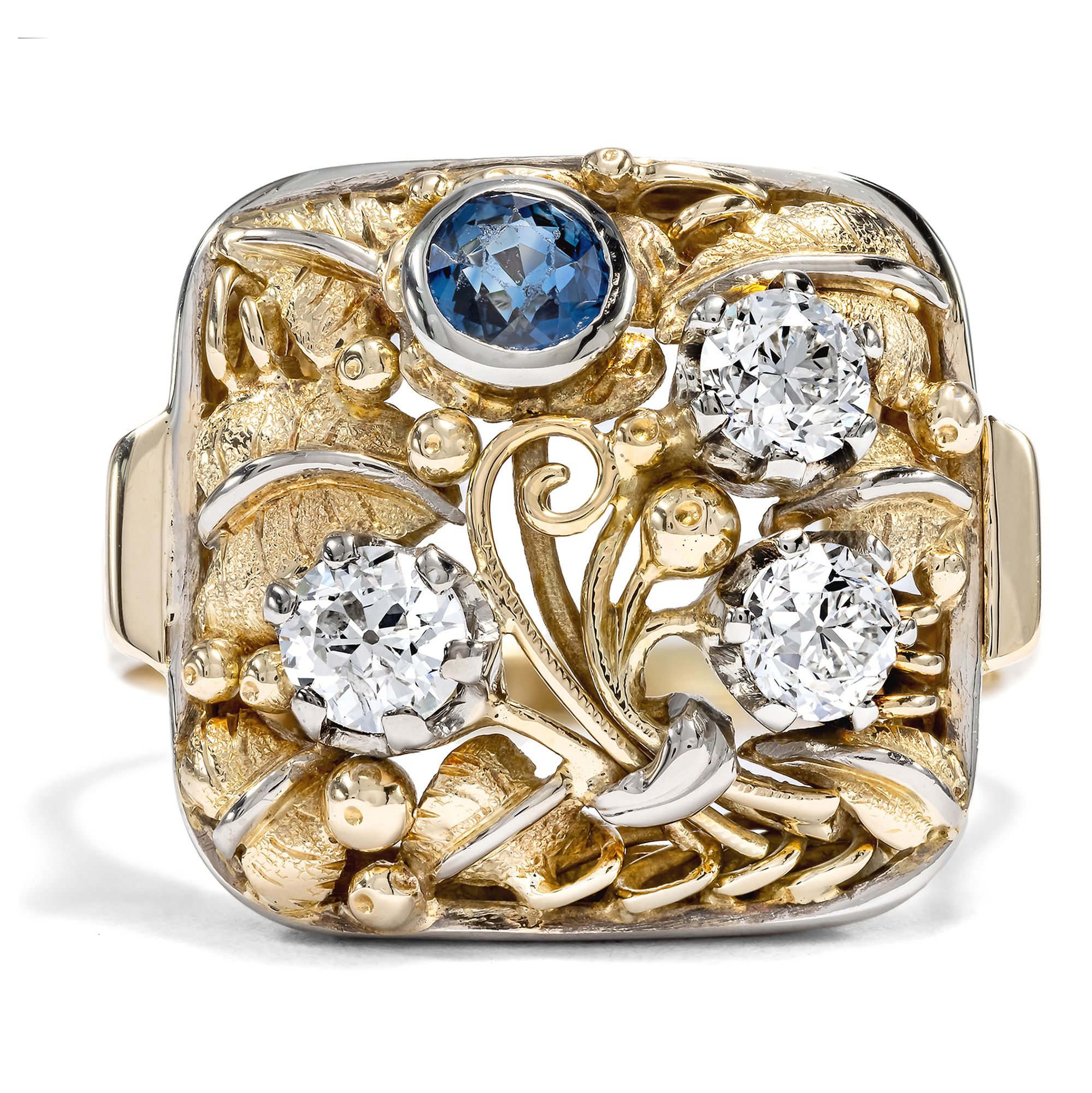 Beautiful Floral Ring with Sapphire and Diamonds, German, c. 1930