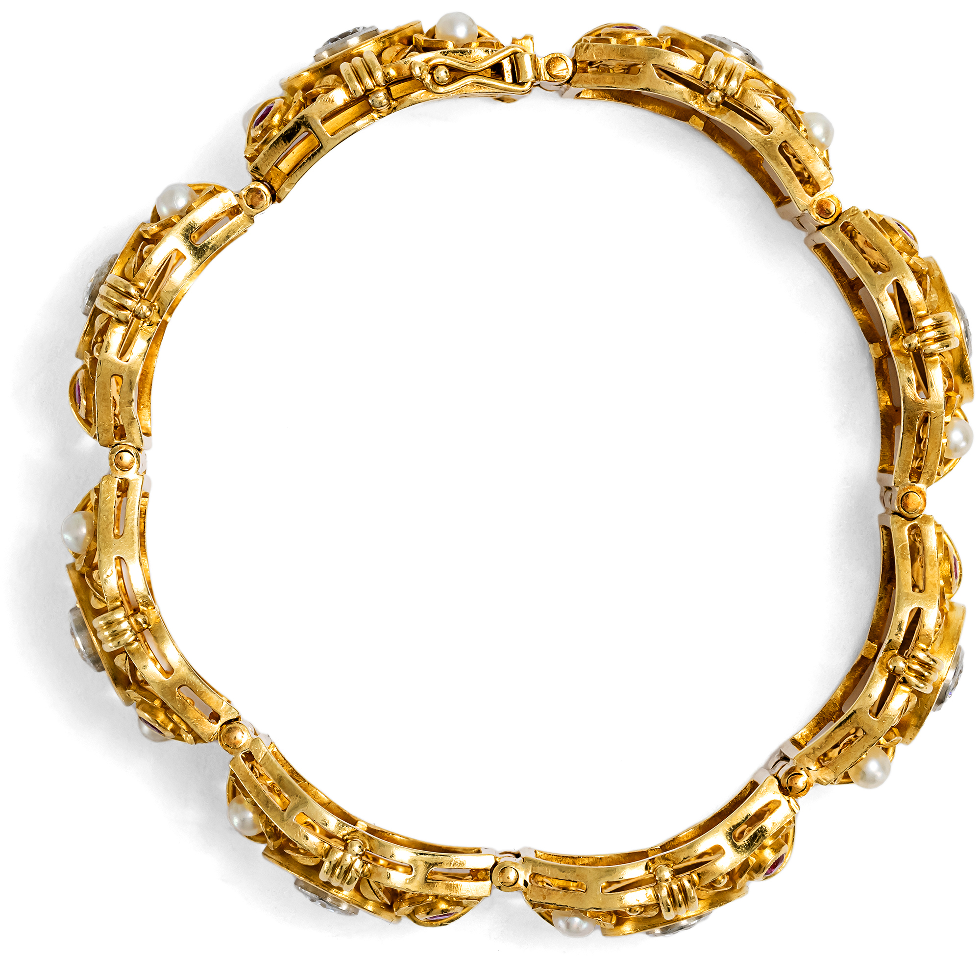 Kostbares Armband mit Burma-Rubinen, Brillanten & Perlen in Gold, um 1940 Kostbares Armband mit Burma-Rubinen, Brillanten & Perlen in Gold, um 1940