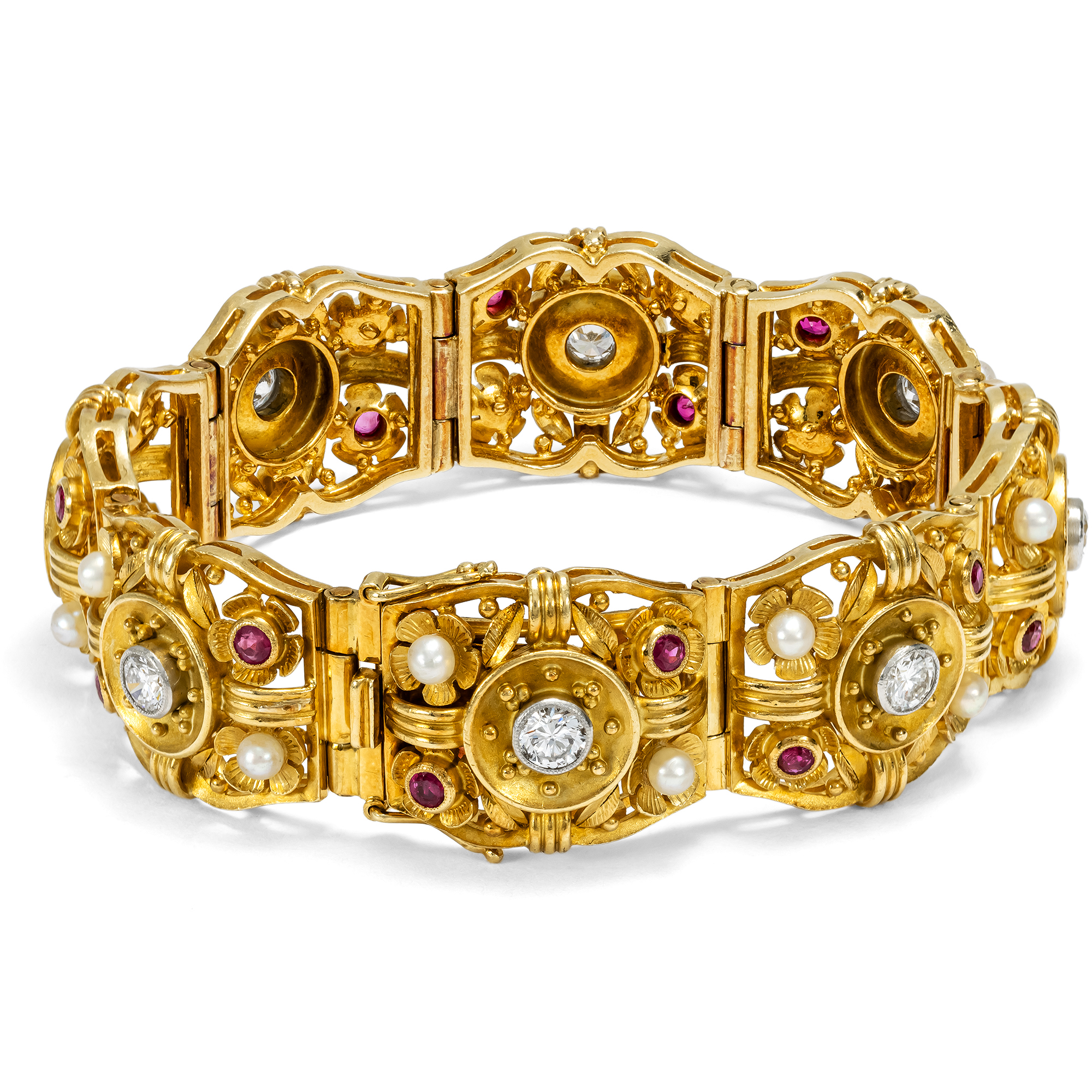 Kostbares Armband mit Burma-Rubinen, Brillanten & Perlen in Gold, um 1940 Kostbares Armband mit Burma-Rubinen, Brillanten & Perlen in Gold, um 1940