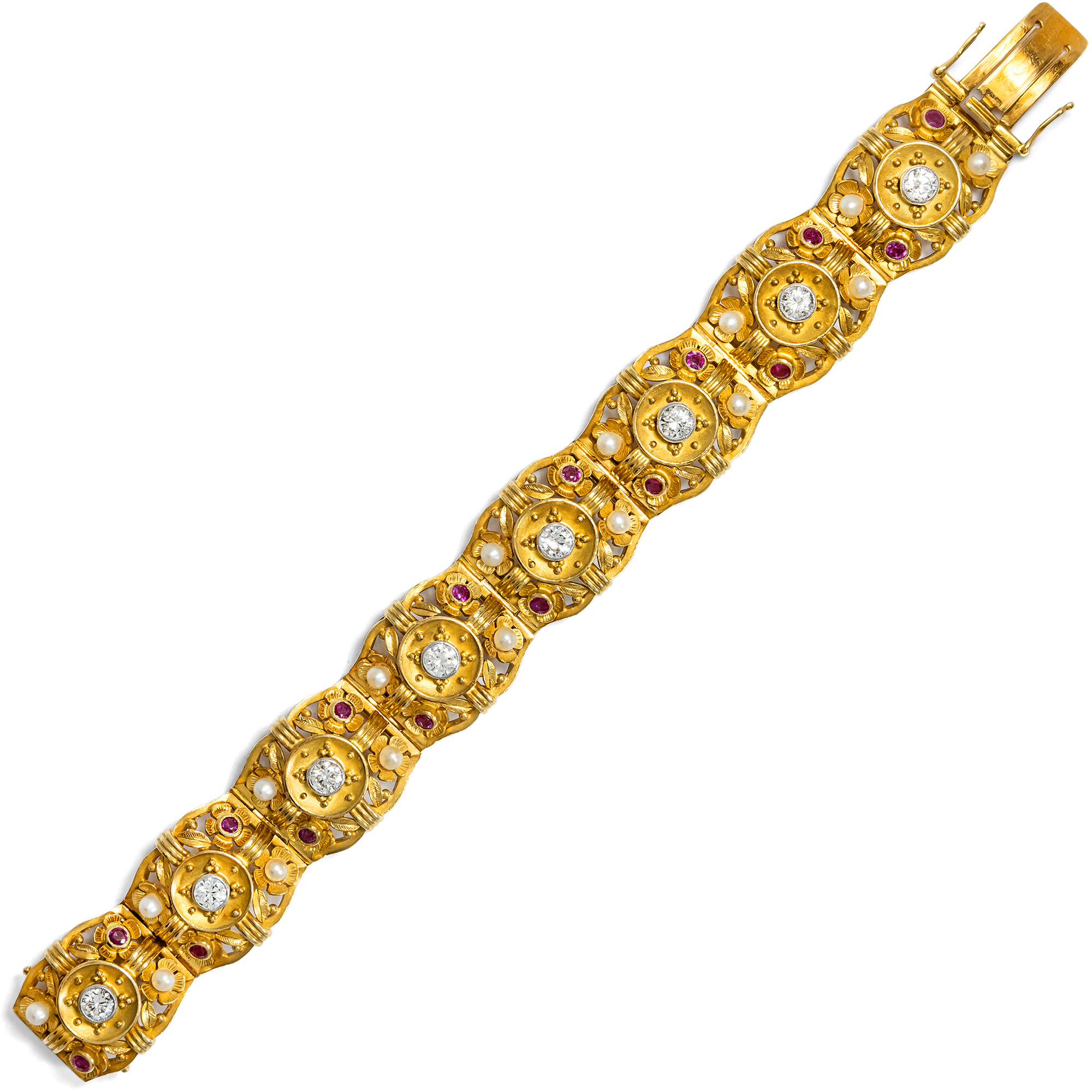 Kostbares Armband mit Burma-Rubinen, Brillanten & Perlen in Gold, um 1940 Kostbares Armband mit Burma-Rubinen, Brillanten & Perlen in Gold, um 1940