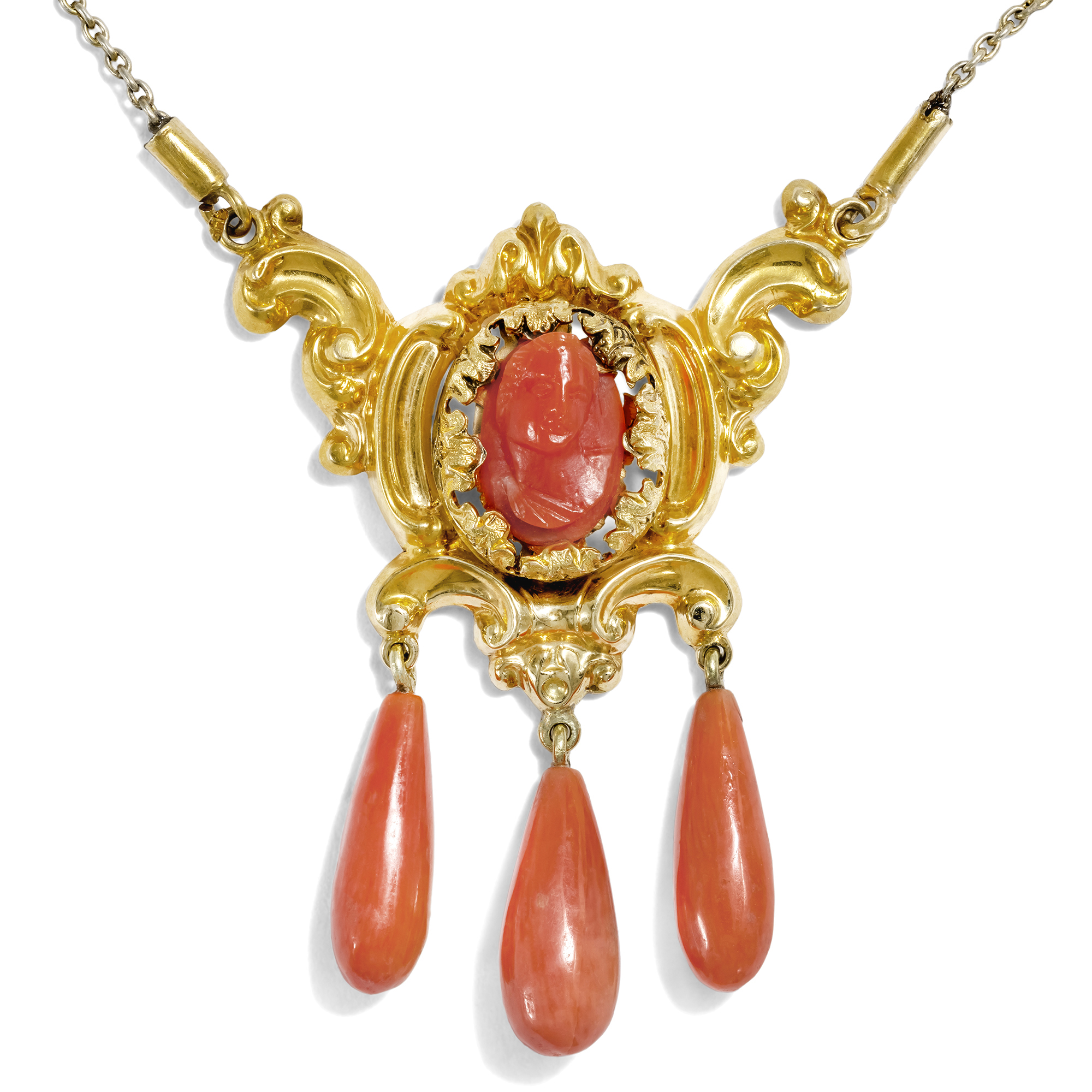 Antique Early Victorian Necklace with Coral Cameo in Gold, c. 1845 Antique Early Victorian Necklace with Coral Cameo in Gold, c. 1845