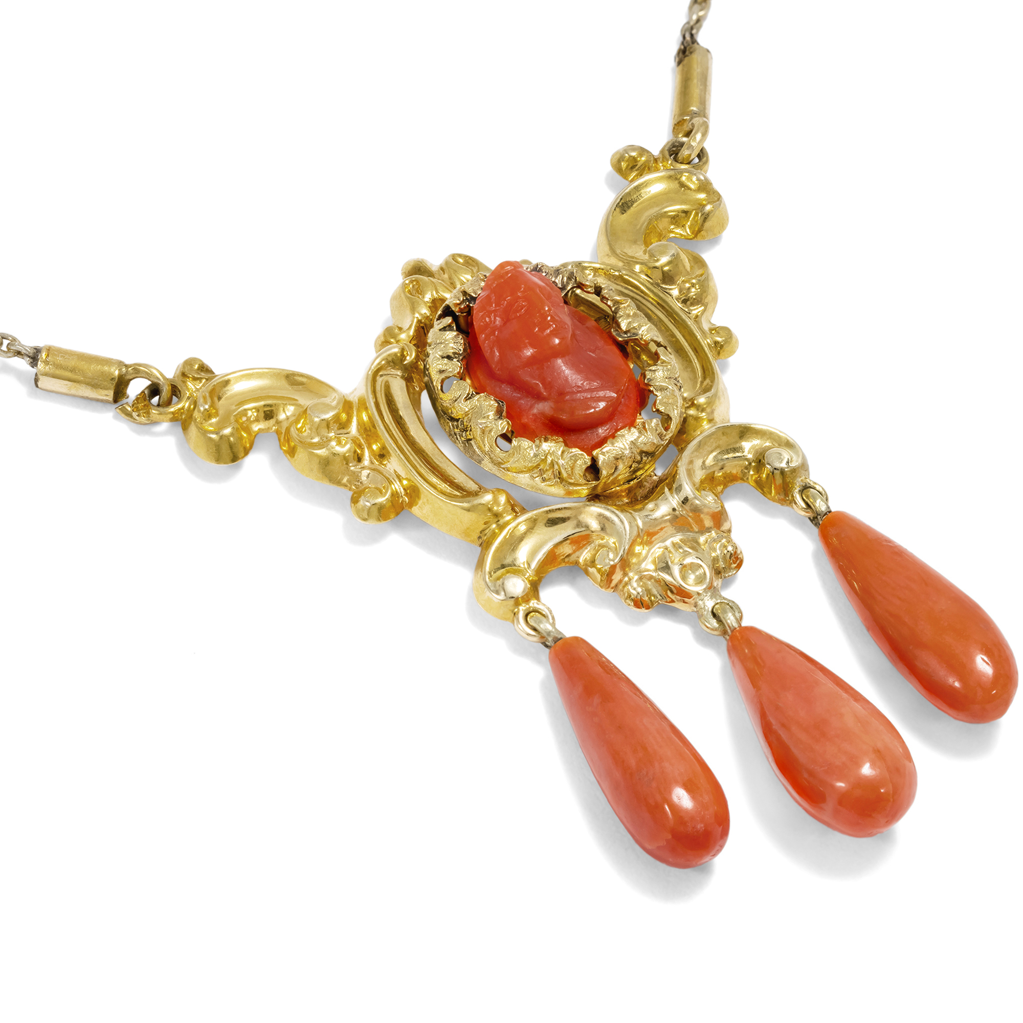 Antique Early Victorian Necklace with Coral Cameo in Gold, c. 1845 Antique Early Victorian Necklace with Coral Cameo in Gold, c. 1845