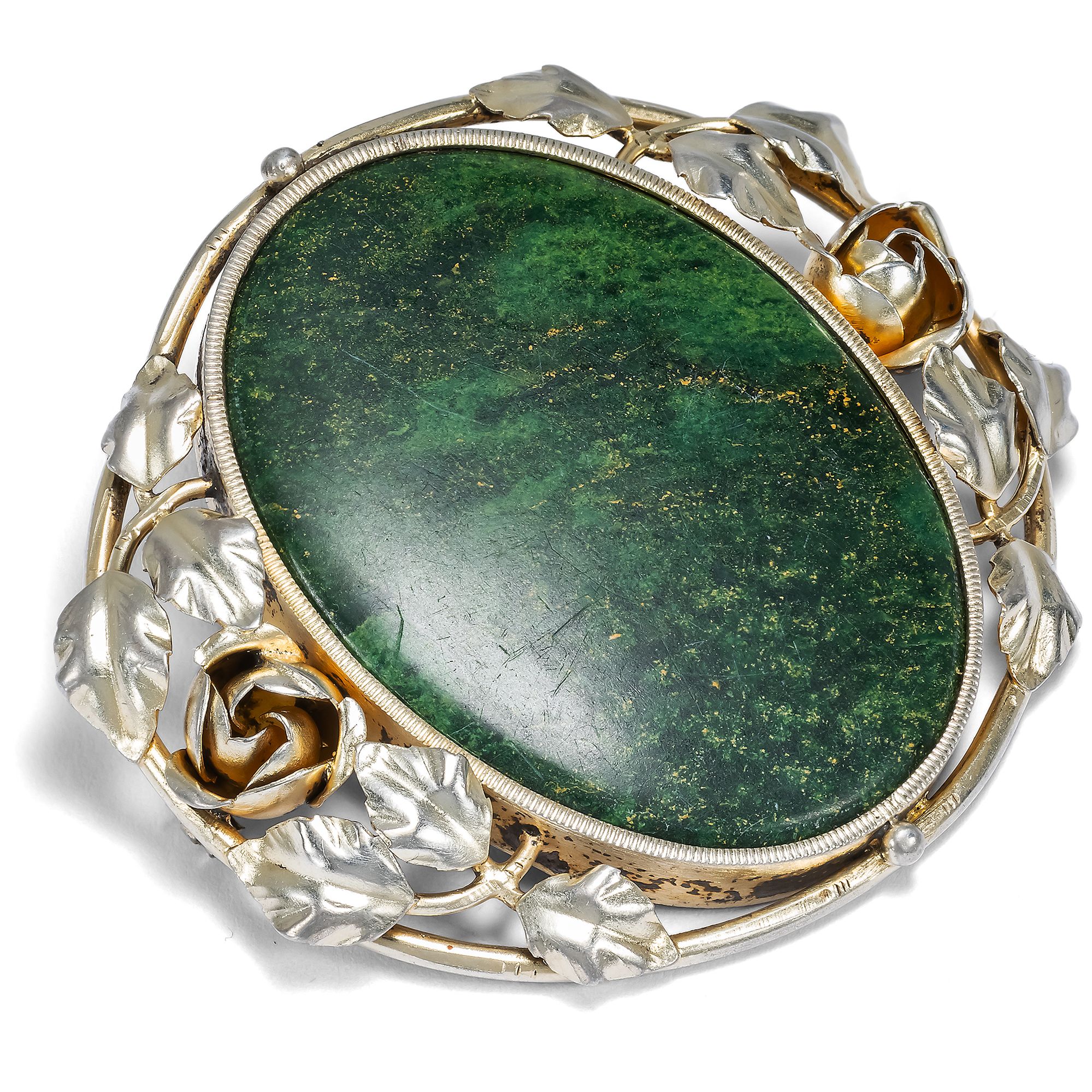 Large Antique Aventurine and Silver Brooch, c. 1910