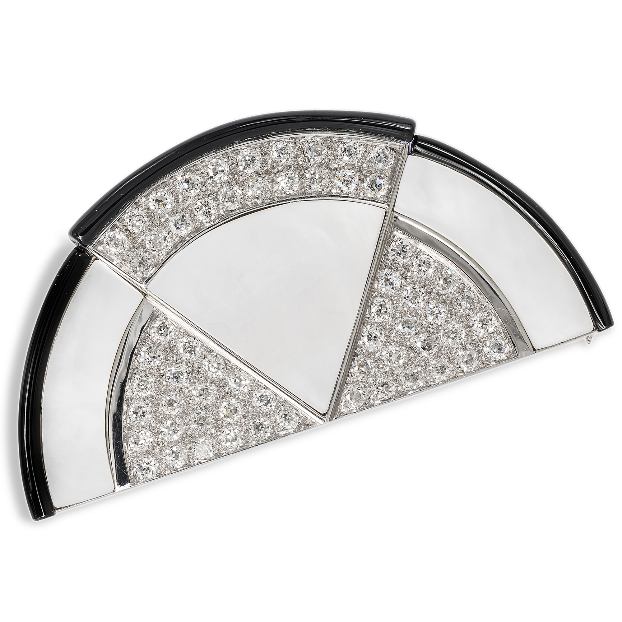 Graphische Brosche mit Diamanten im Altschliff, Onyx & Perlmutt, um 1985 Graphische Brosche mit Diamanten im Altschliff, Onyx & Perlmutt, um 1985