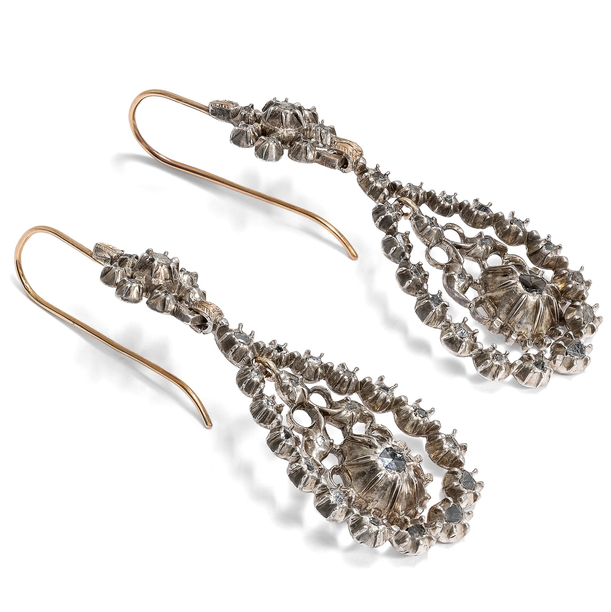 Antique Earrings with Rose Cut Diamond in Silver on Gold, probably Flanders, mid-19th Century