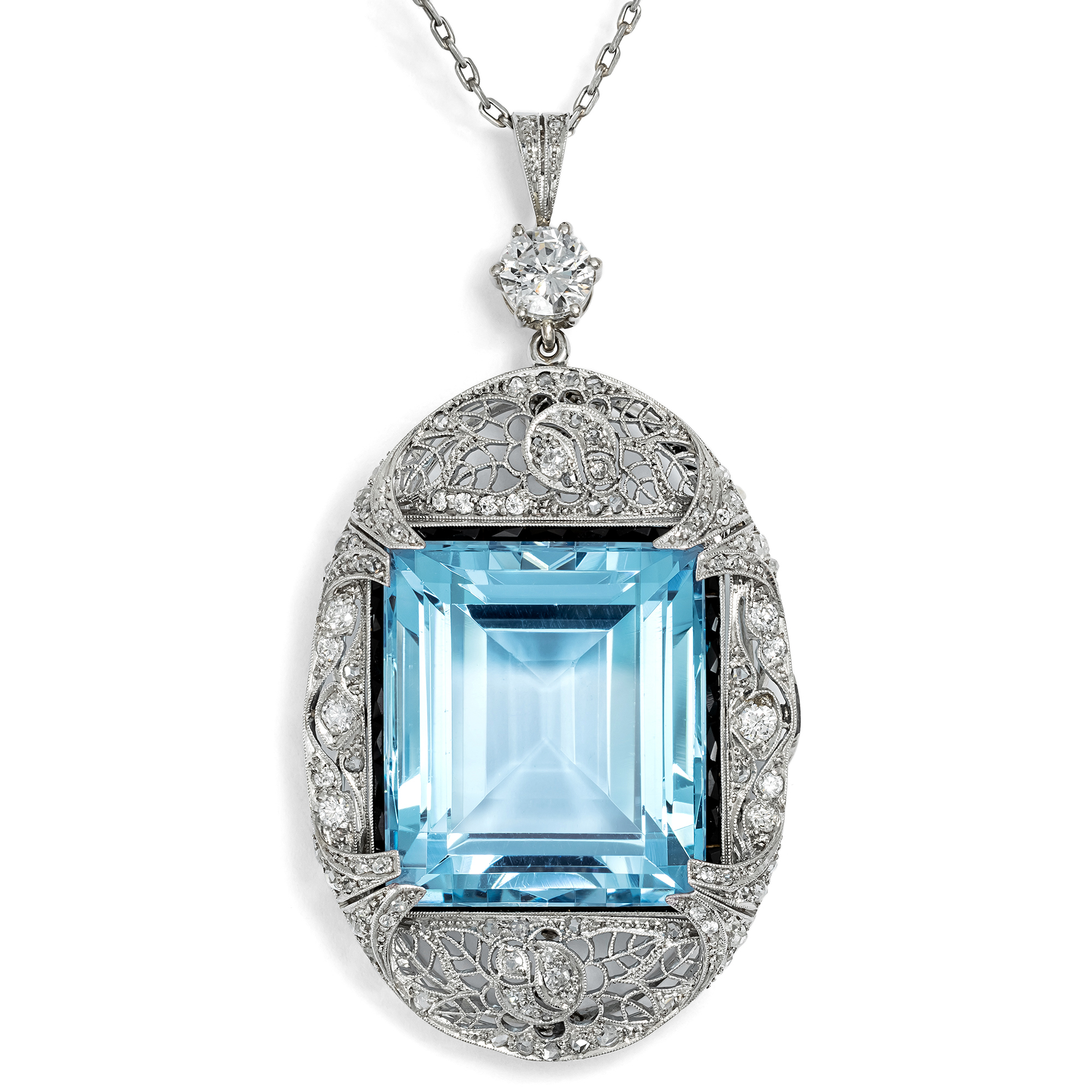 Large Pendant-Brooch with Excellent Aquamarine in Platinum, c. 1925 Large Pendant-Brooch with Excellent Aquamarine in Platinum, c. 1925