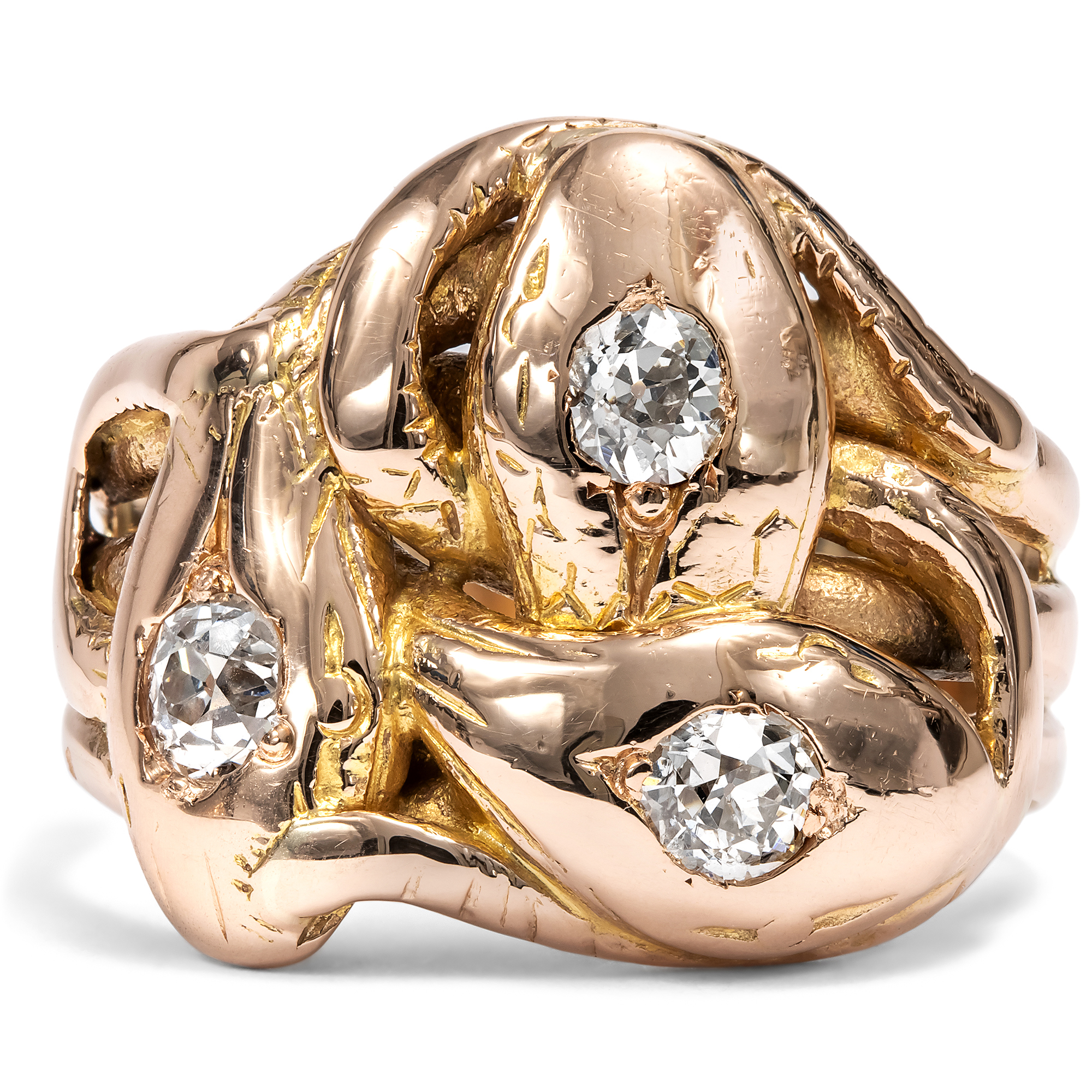 Großer antiker Schlangenring mit Diamanten in Roségold, Deutschland um 1900 Großer antiker Schlangenring mit Diamanten in Roségold, Deutschland um 1900