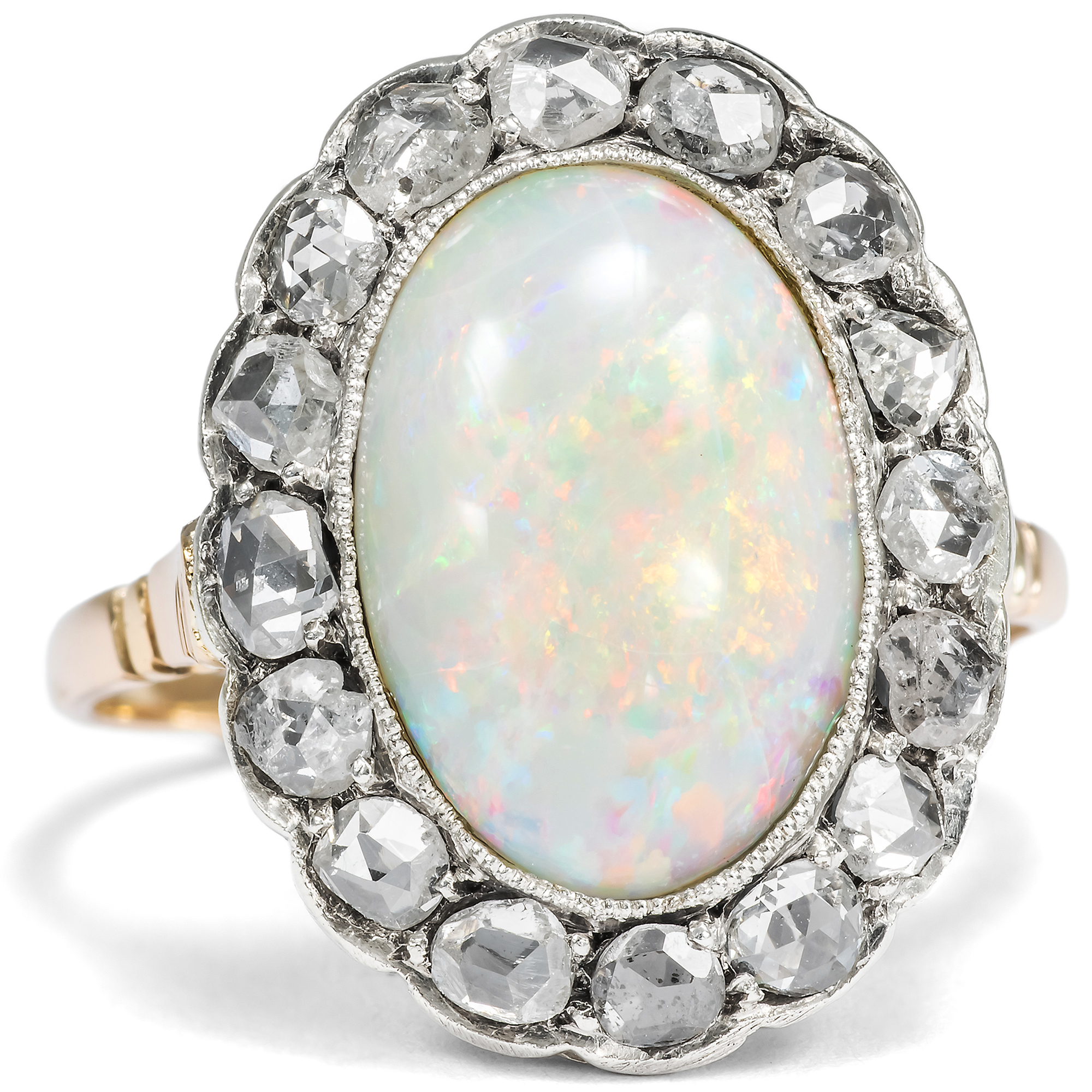 Antique Opal and Diamond Ring in Silver on Gold, c. 1900 Antique Opal and Diamond Ring in Silver on Gold, c. 1900