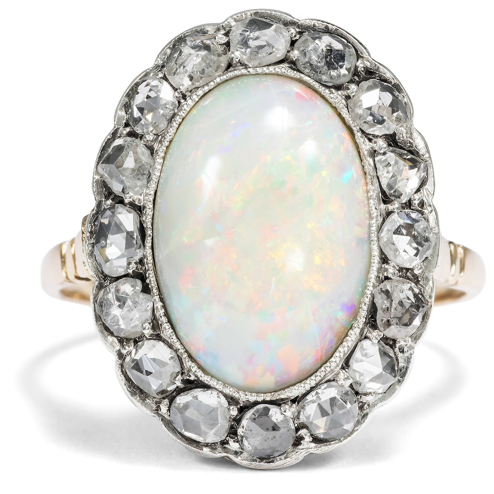 Antique Opal and Diamond Ring in Silver on Gold, c. 1900 Antique Opal and Diamond Ring in Silver on Gold, c. 1900