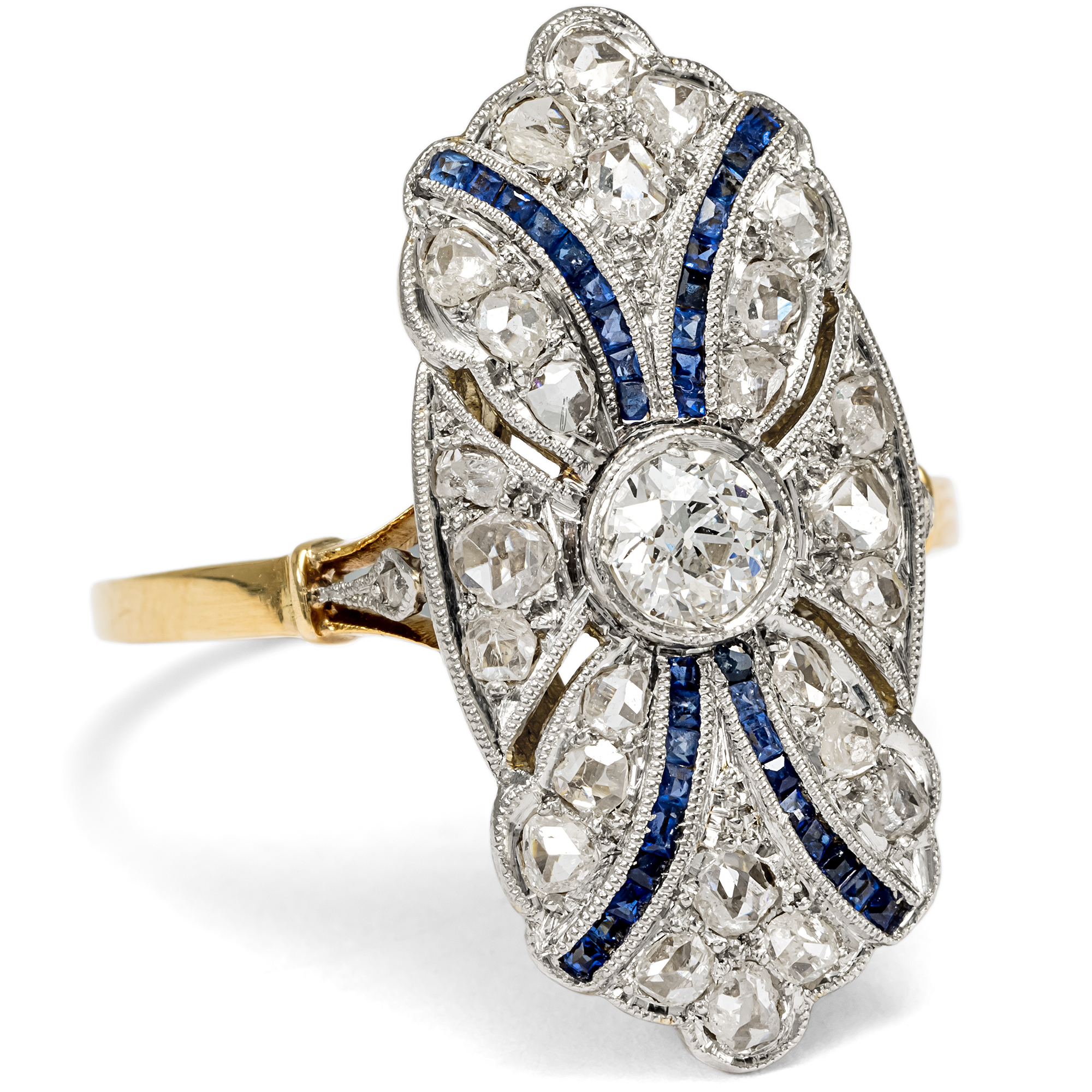 Elegant Ring with Diamonds & Sapphires in Platinum On Gold, c. 1925 Elegant Ring with Diamonds & Sapphires in Platinum On Gold, c. 1925
