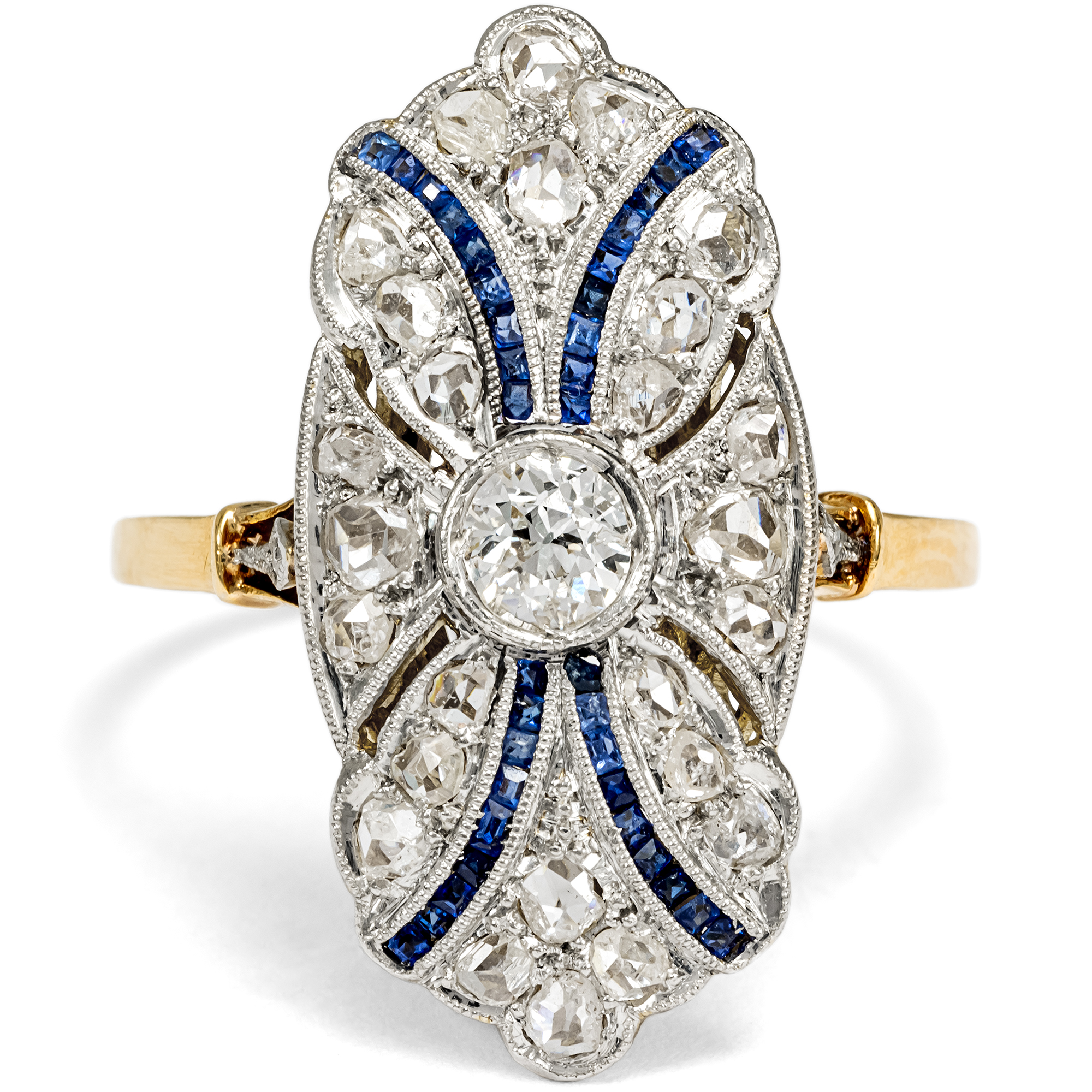 Elegant Ring with Diamonds & Sapphires in Platinum On Gold, c. 1925 Elegant Ring with Diamonds & Sapphires in Platinum On Gold, c. 1925