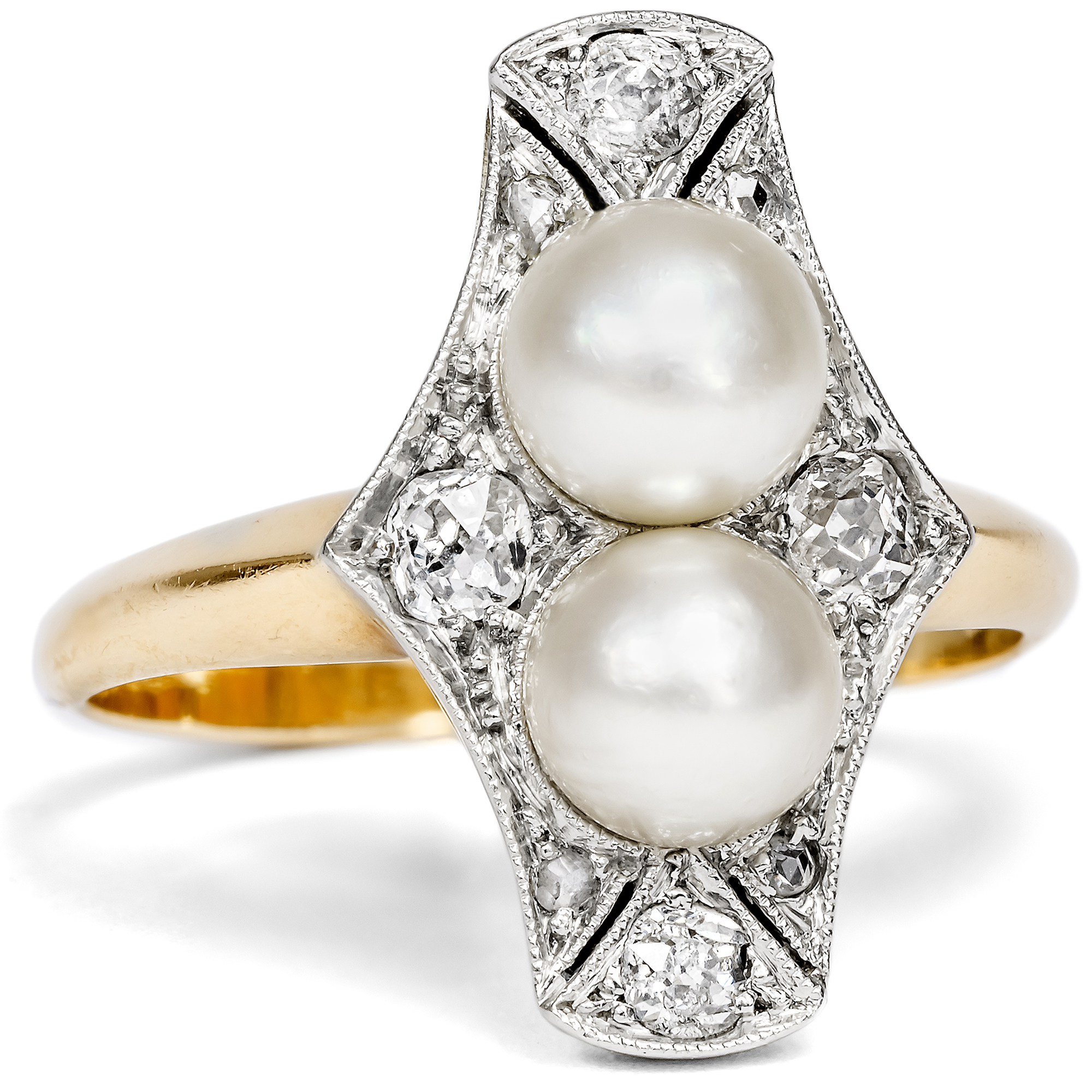 Antique Natural Pearl and Diamond Ring in Platinum on Gold, c. 1920