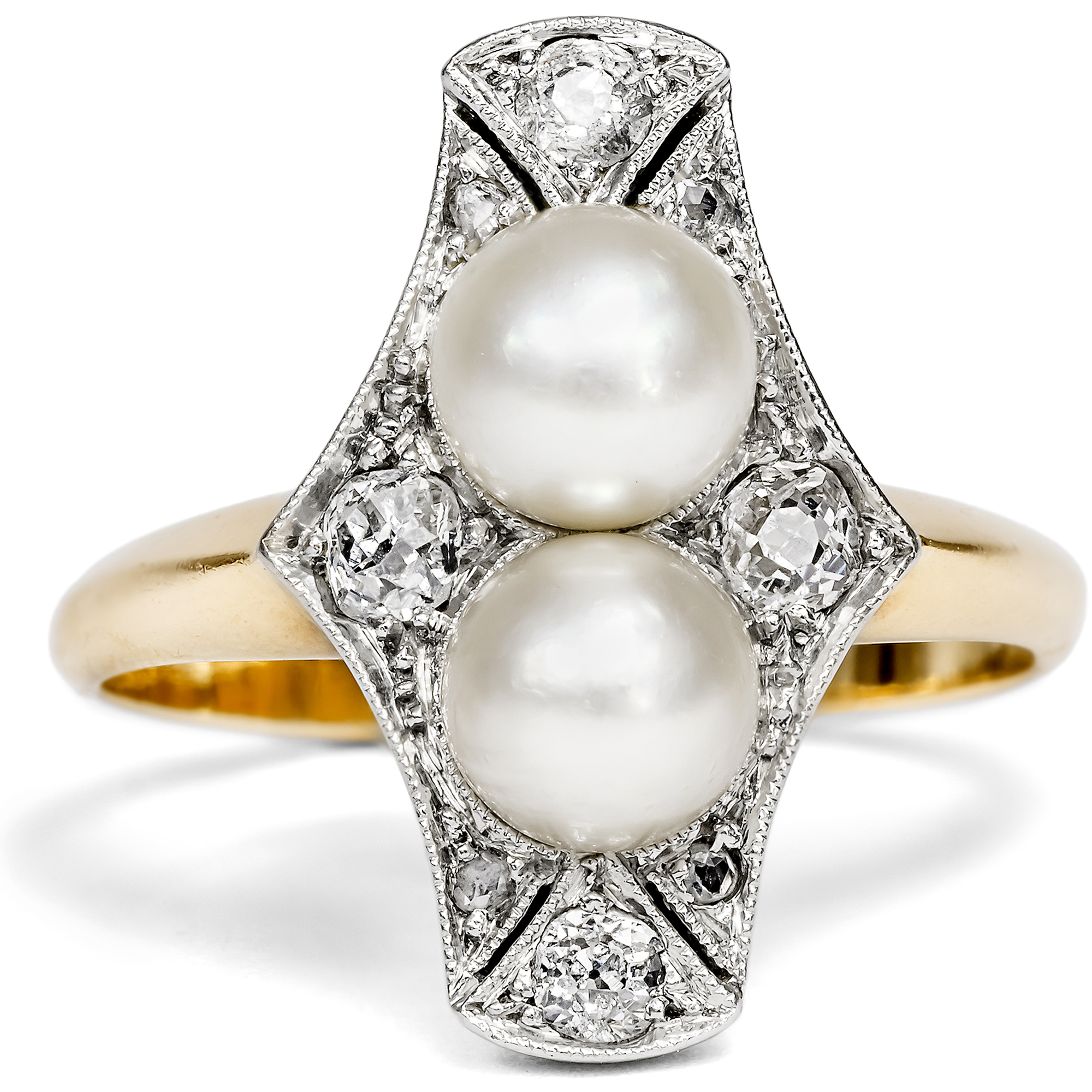 Antique Natural Pearl and Diamond Ring in Platinum on Gold, c. 1920