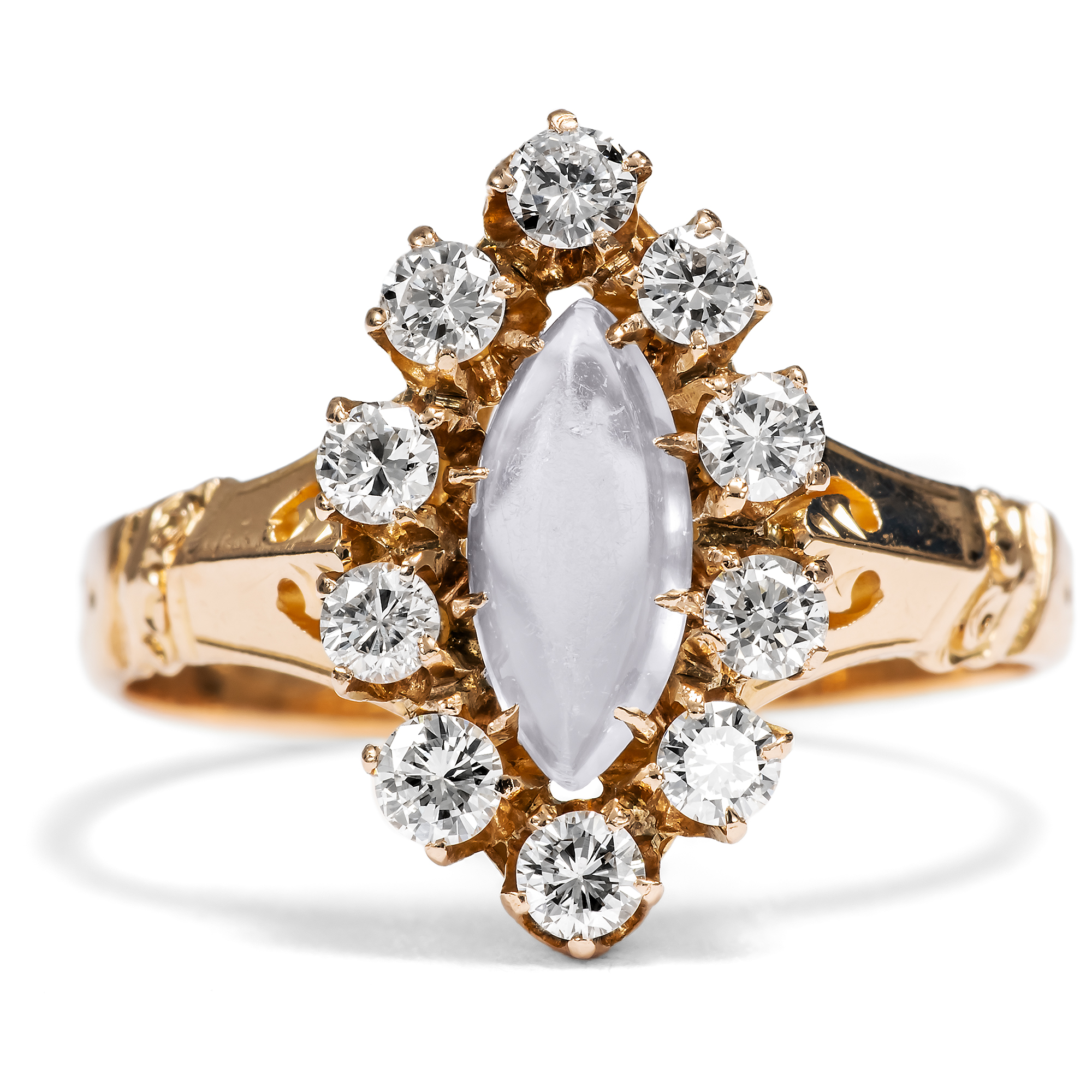 Antique Red Gold Ring with Moonstone & Diamonds, Germany c. 1890 & Later Antique Red Gold Ring with Moonstone & Diamonds, Germany c. 1890 & Later