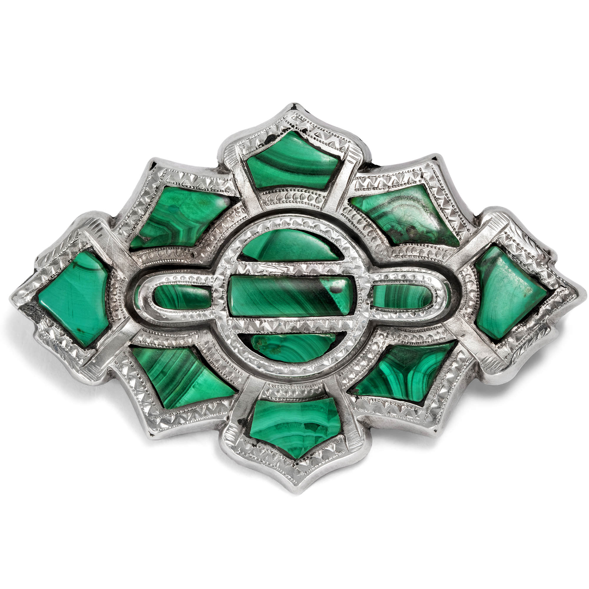 Viktorianische „Pebble“-Brosche aus Silber & Malachit, Großbritannien um 1880 Viktorianische „Pebble“-Brosche aus Silber & Malachit, Großbritannien um 1880