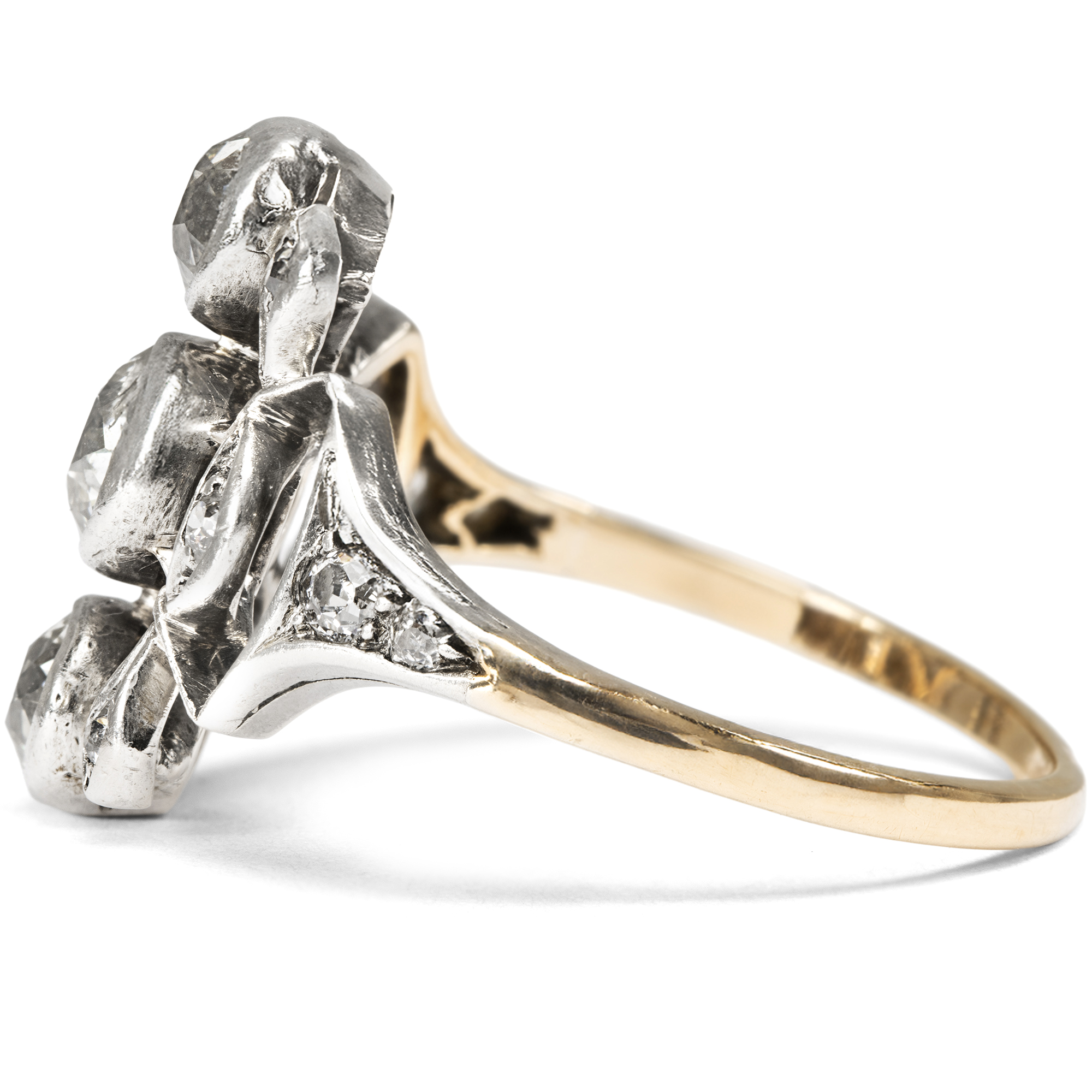 Antique "Trilogy" Ring With Diamonds in Silver on Gold, c. 1910 Antique "Trilogy" Ring With Diamonds in Silver on Gold, c. 1910