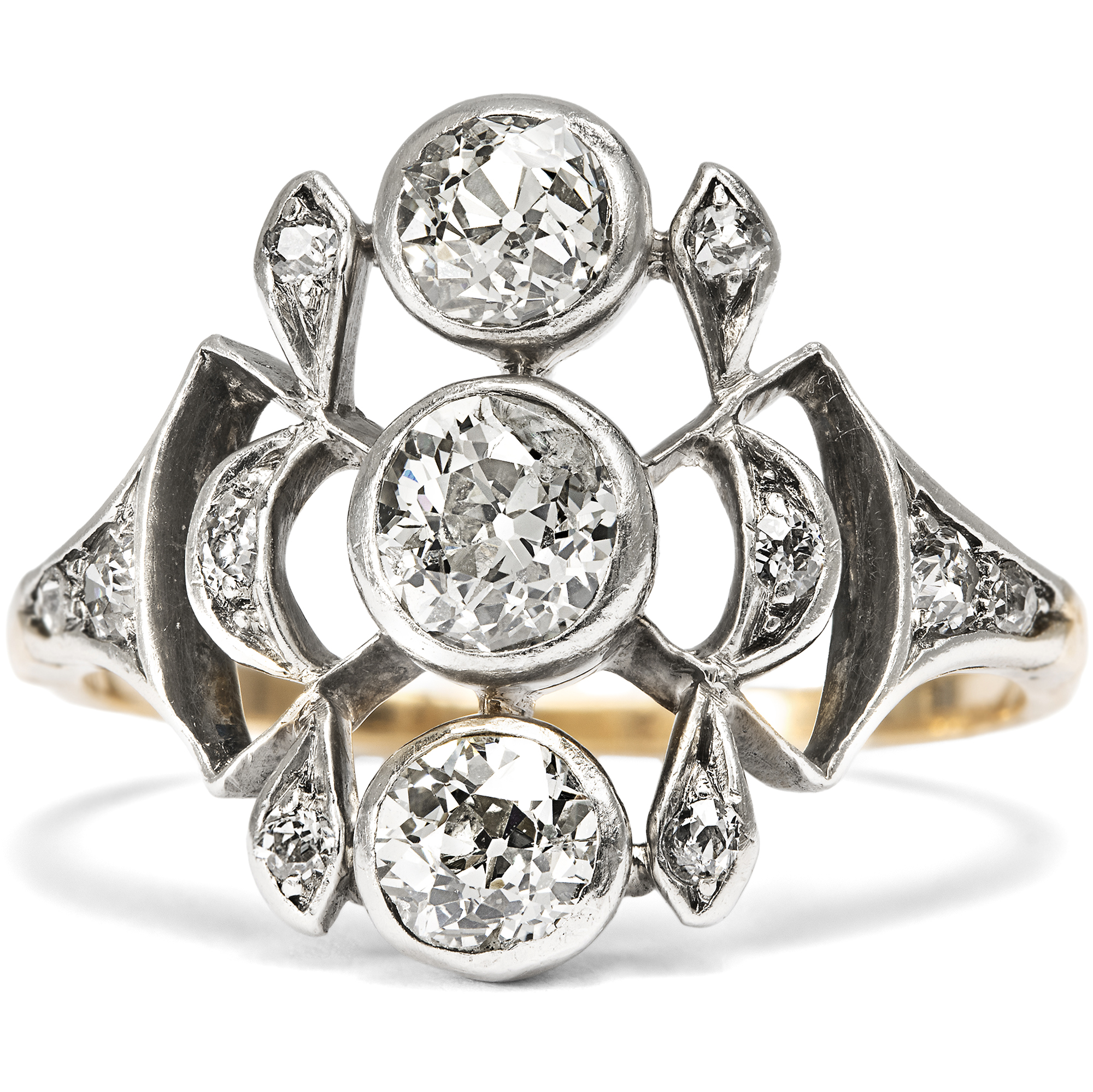 Antique "Trilogy" Ring With Diamonds in Silver on Gold, c. 1910 Antique "Trilogy" Ring With Diamonds in Silver on Gold, c. 1910