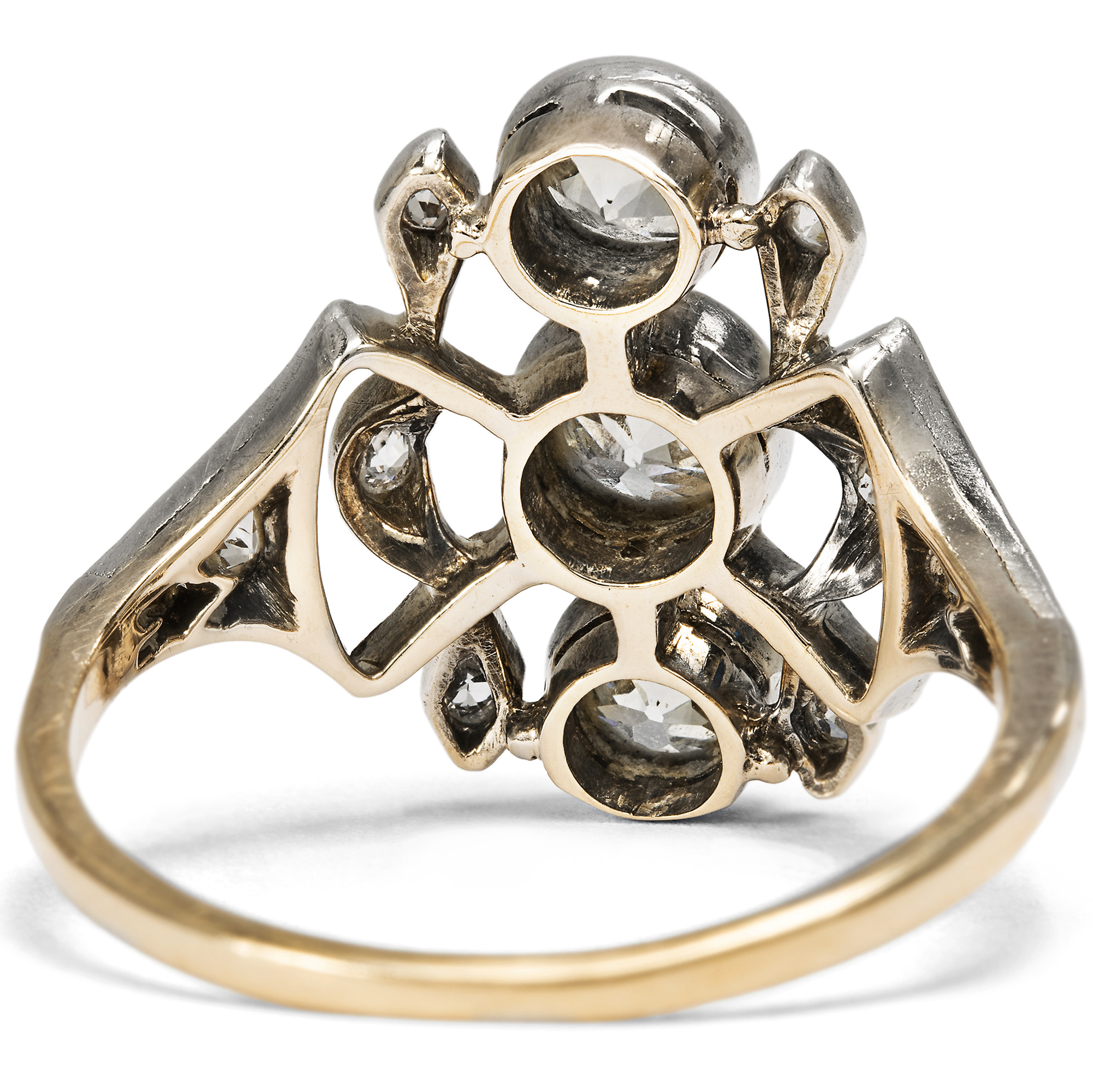 Antique "Trilogy" Ring With Diamonds in Silver on Gold, c. 1910 Antique "Trilogy" Ring With Diamonds in Silver on Gold, c. 1910