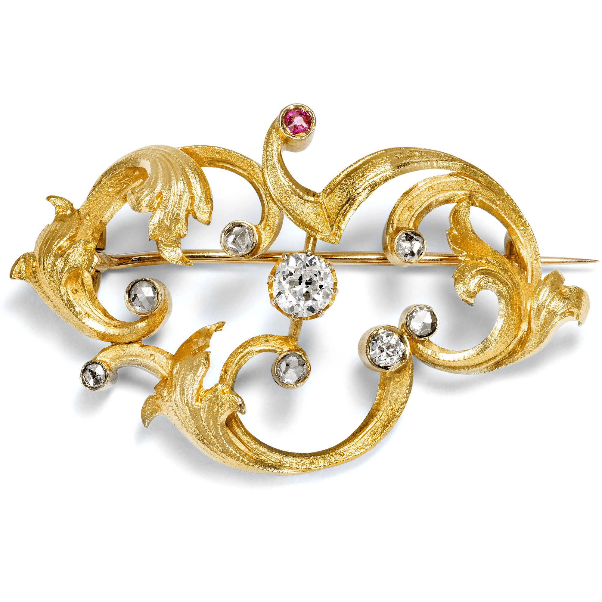 Wunderbare Brosche des Neo-Rokoko mit Diamanten in Gold, Frankreich um 1890 Wunderbare Brosche des Neo-Rokoko mit Diamanten in Gold, Frankreich um 1890