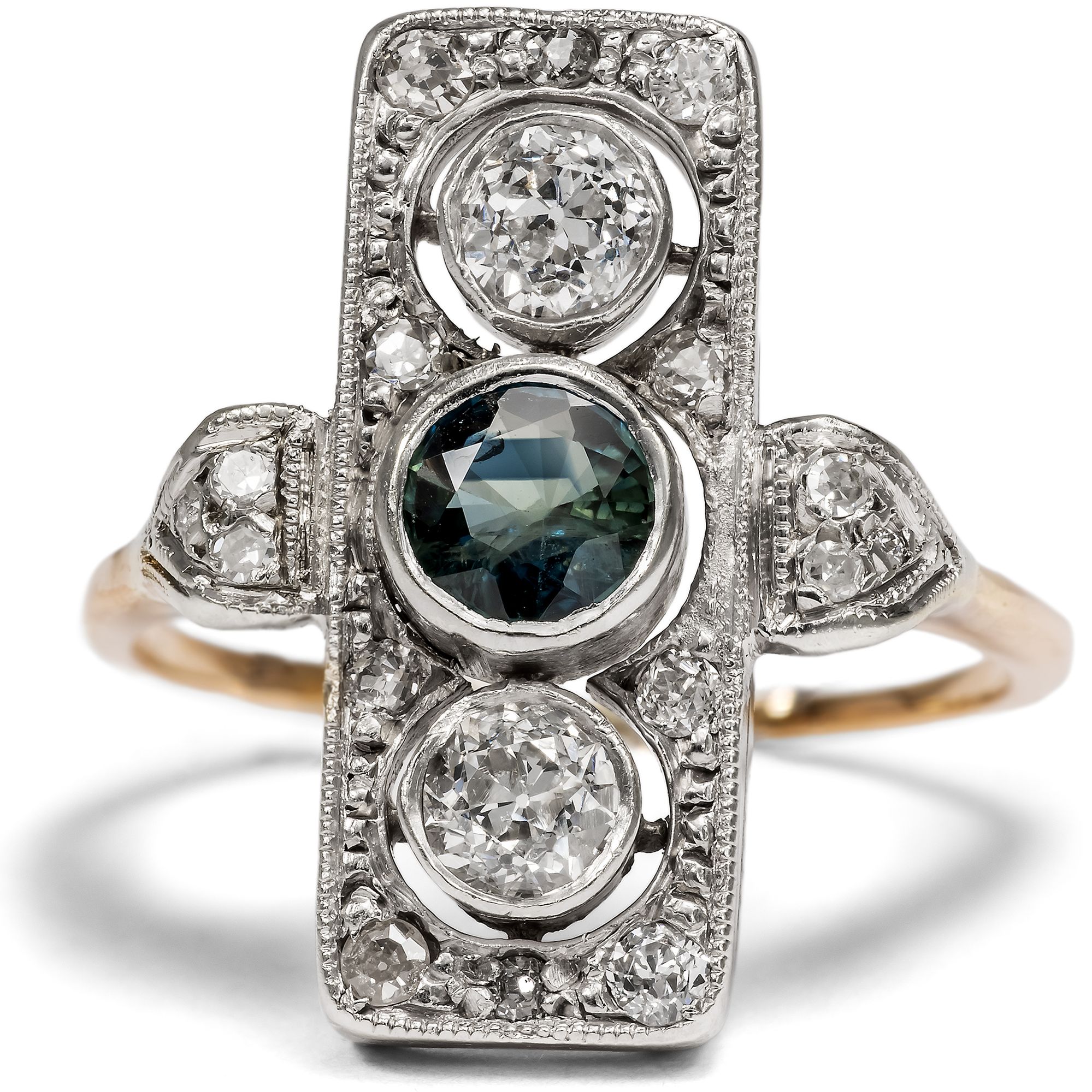 Antiker Ring aus Gold & Silber mit Saphir & Diamanten, um 1920 Antiker Ring aus Gold & Silber mit Saphir & Diamanten, um 1920
