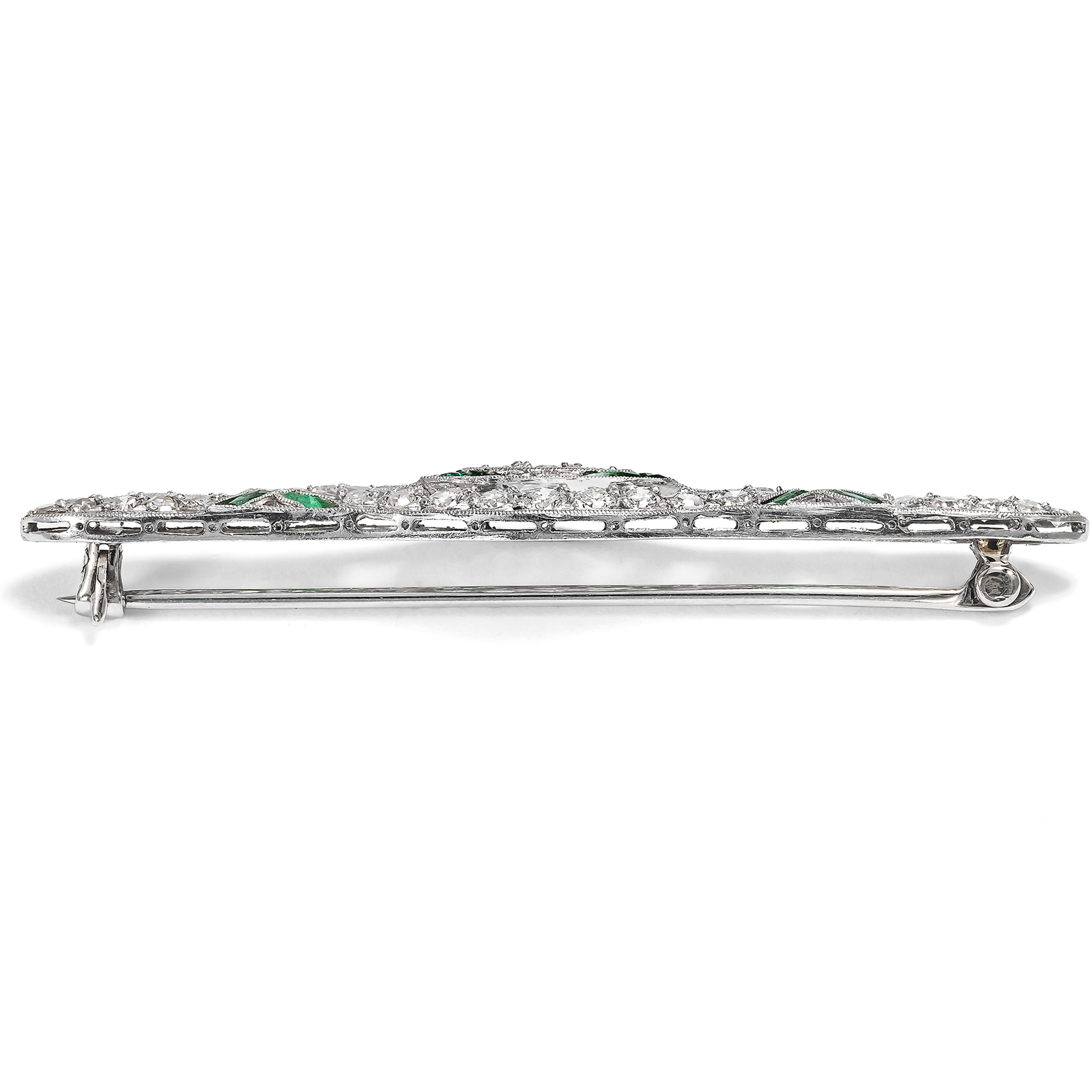 Elegante antike Stabnadel mit Diamanten & Smaragden in Platin, um 1930 Elegante antike Stabnadel mit Diamanten & Smaragden in Platin, um 1930