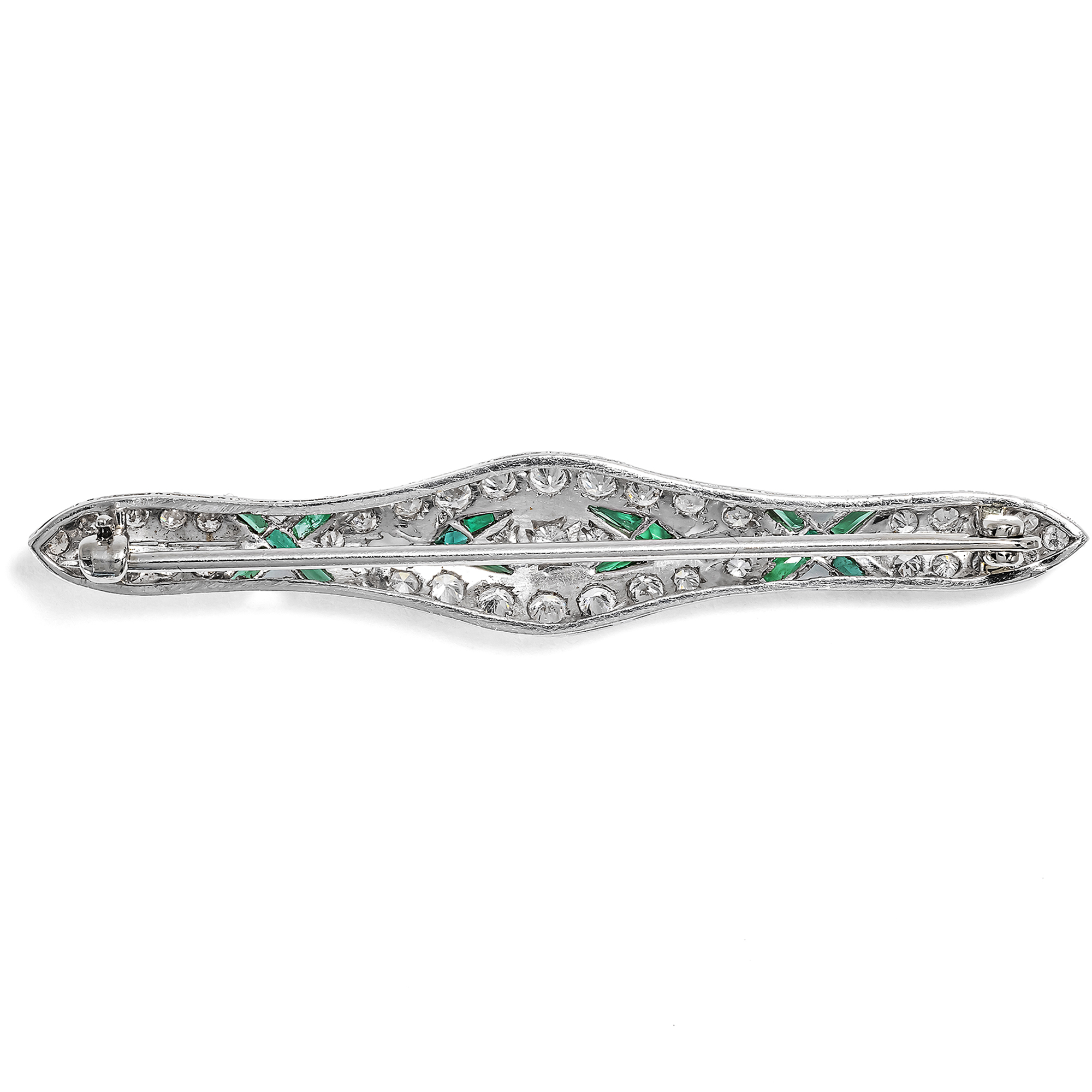 Elegante antike Stabnadel mit Diamanten & Smaragden in Platin, um 1930 Elegante antike Stabnadel mit Diamanten & Smaragden in Platin, um 1930