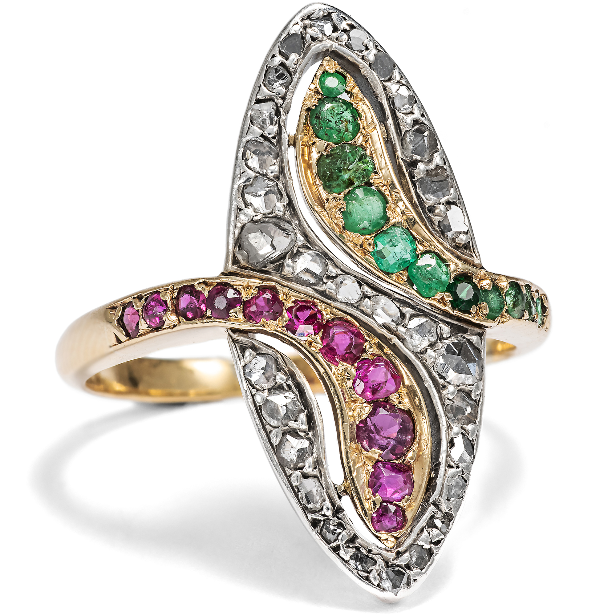 Antique marquise ring with rubies, emeralds & diamonds, Paris circa 1900 Antique marquise ring with rubies, emeralds & diamonds, Paris circa 1900
