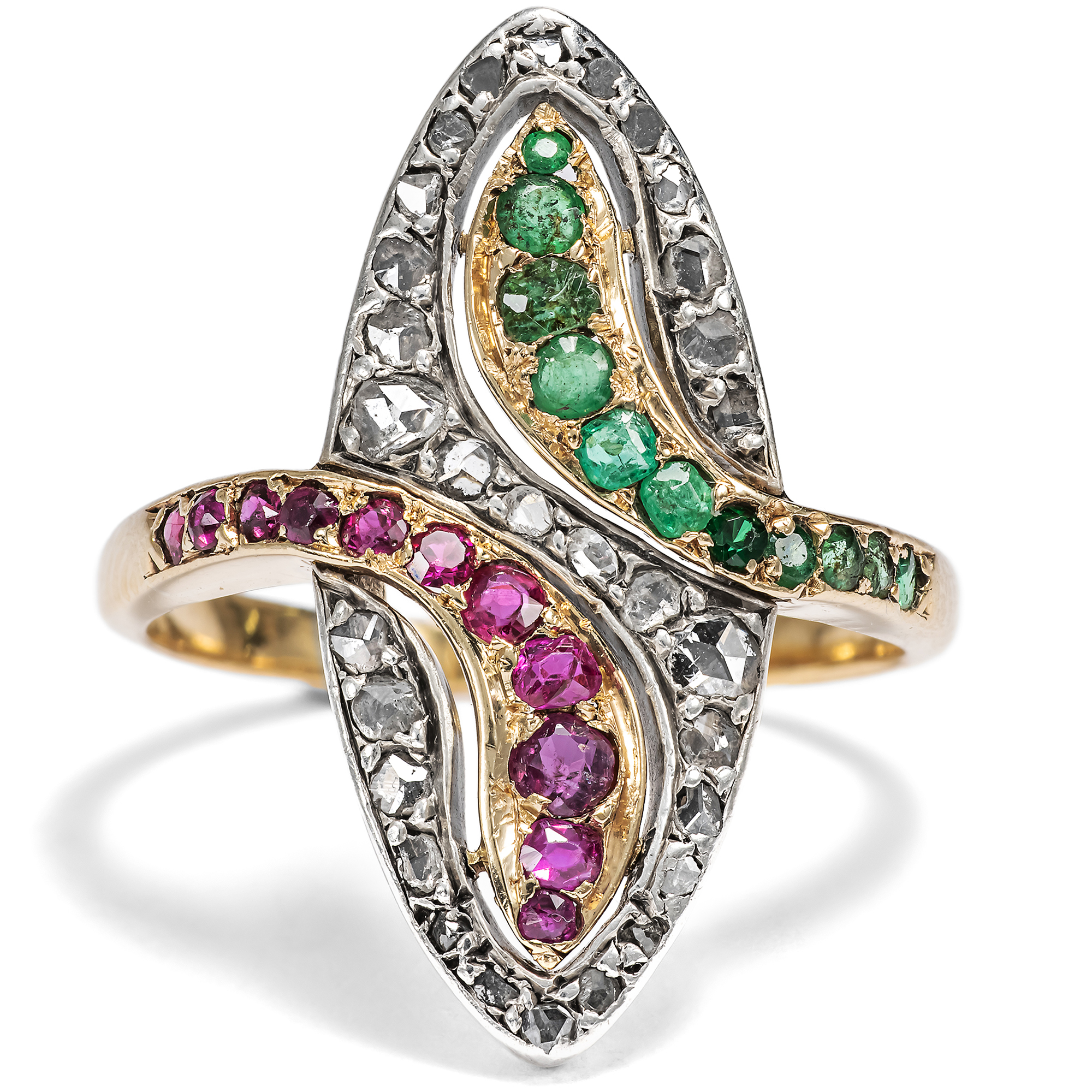 Antique marquise ring with rubies, emeralds & diamonds, Paris circa 1900 Antique marquise ring with rubies, emeralds & diamonds, Paris circa 1900