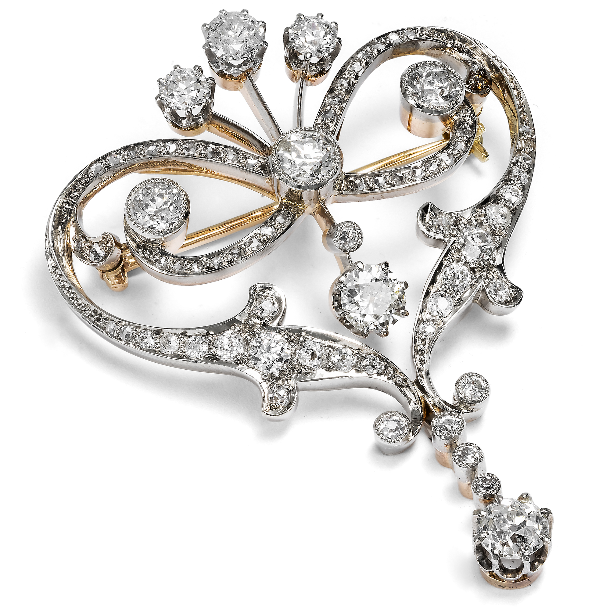 Feine Anhänger-Brosche mit Diamanten in Gold & Silber, um 1910 Feine Anhänger-Brosche mit Diamanten in Gold & Silber, um 1910