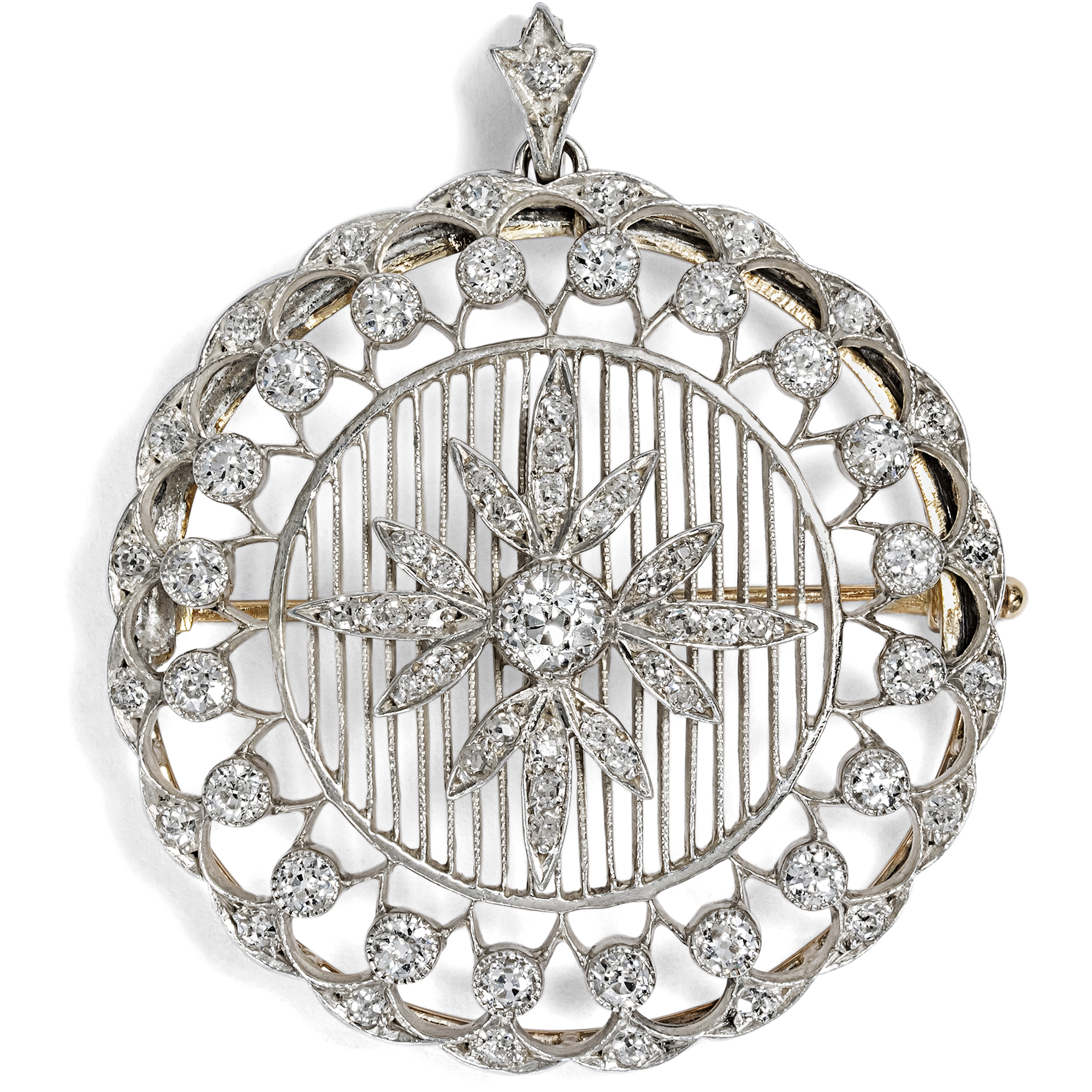 Kostbare Anhänger-Brosche mit 2,70 ct Diamanten in Silber auf Gold, um 1910 Kostbare Anhänger-Brosche mit 2,70 ct Diamanten in Silber auf Gold, um 1910