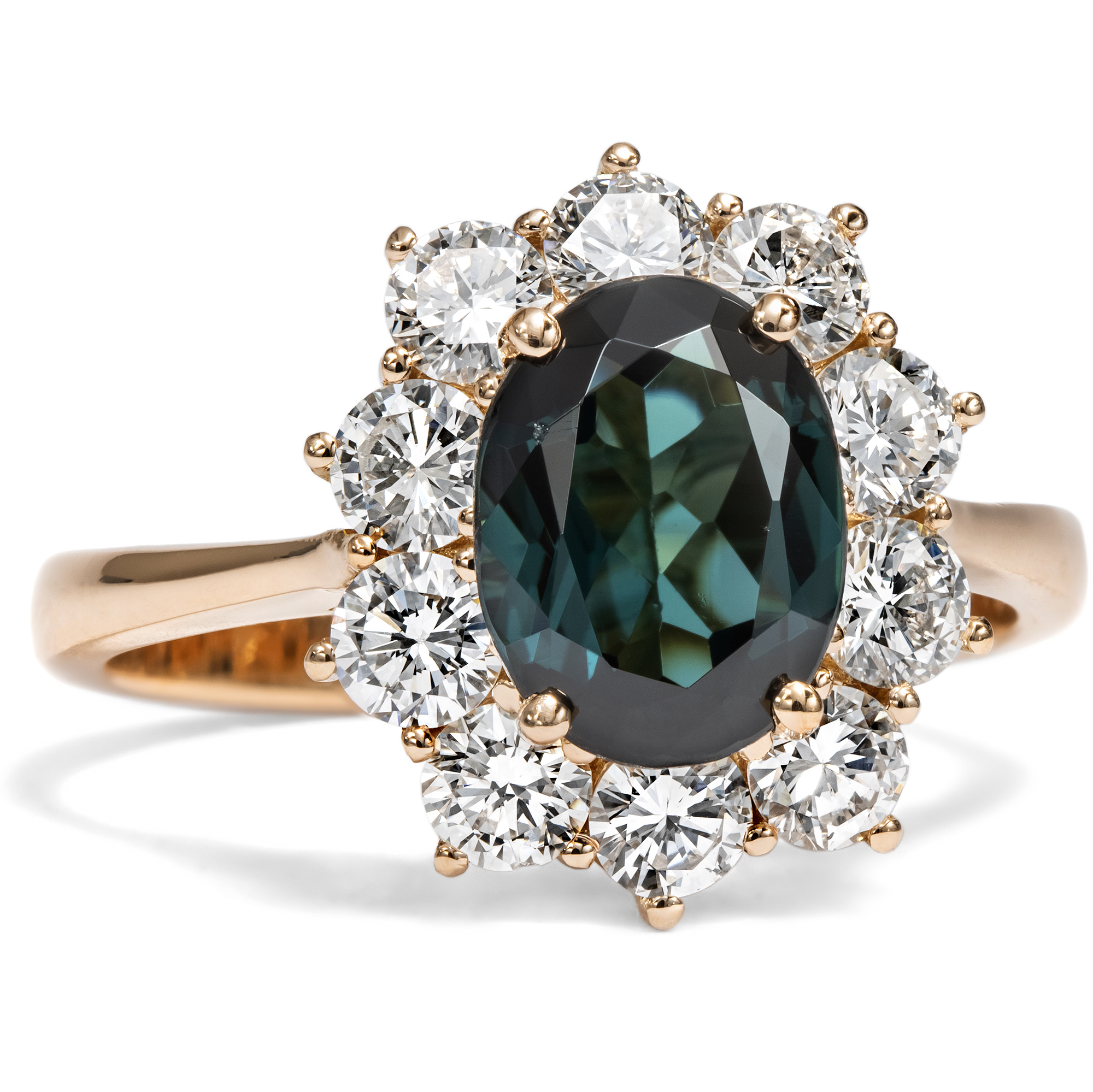 Contemporary Indicolite and Diamond Cluster Ring in Rose Gold, from our Workshop Contemporary Indicolite and Diamond Cluster Ring in Rose Gold, from our Workshop