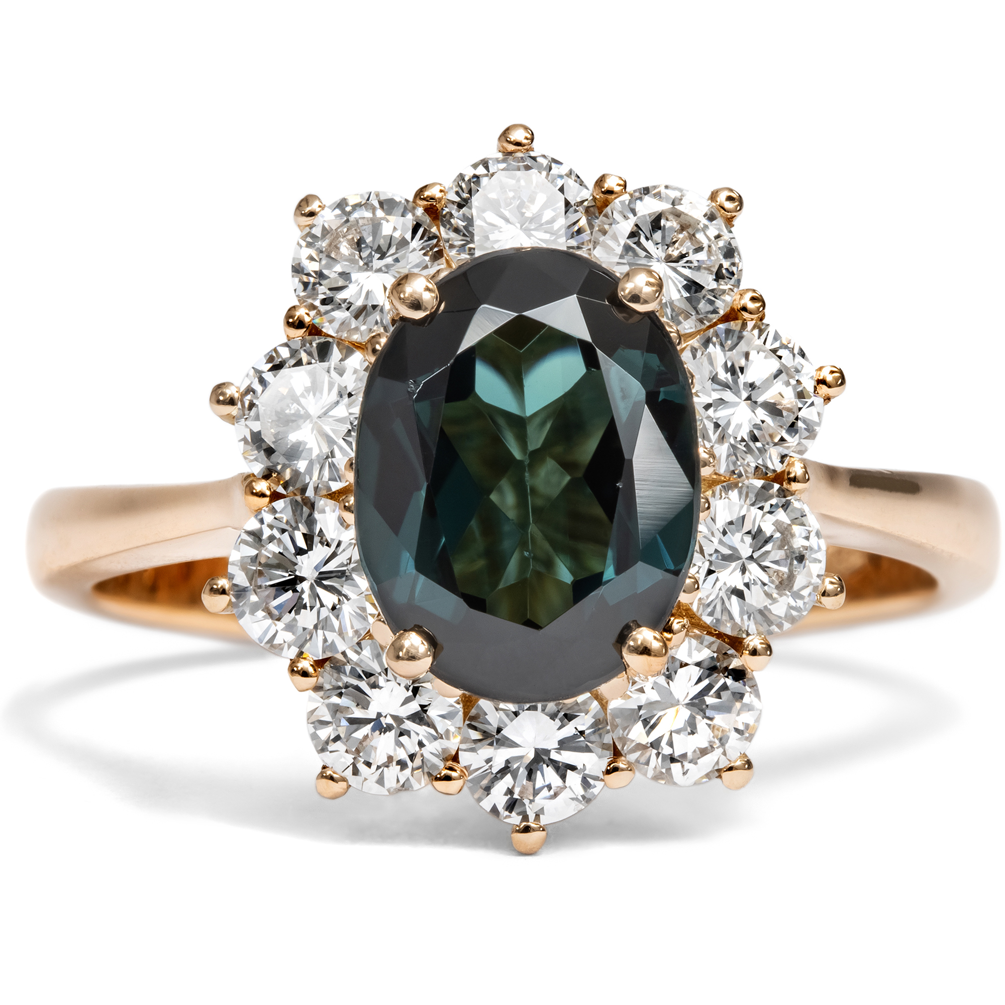 Contemporary Indicolite and Diamond Cluster Ring in Rose Gold, from our Workshop Contemporary Indicolite and Diamond Cluster Ring in Rose Gold, from our Workshop