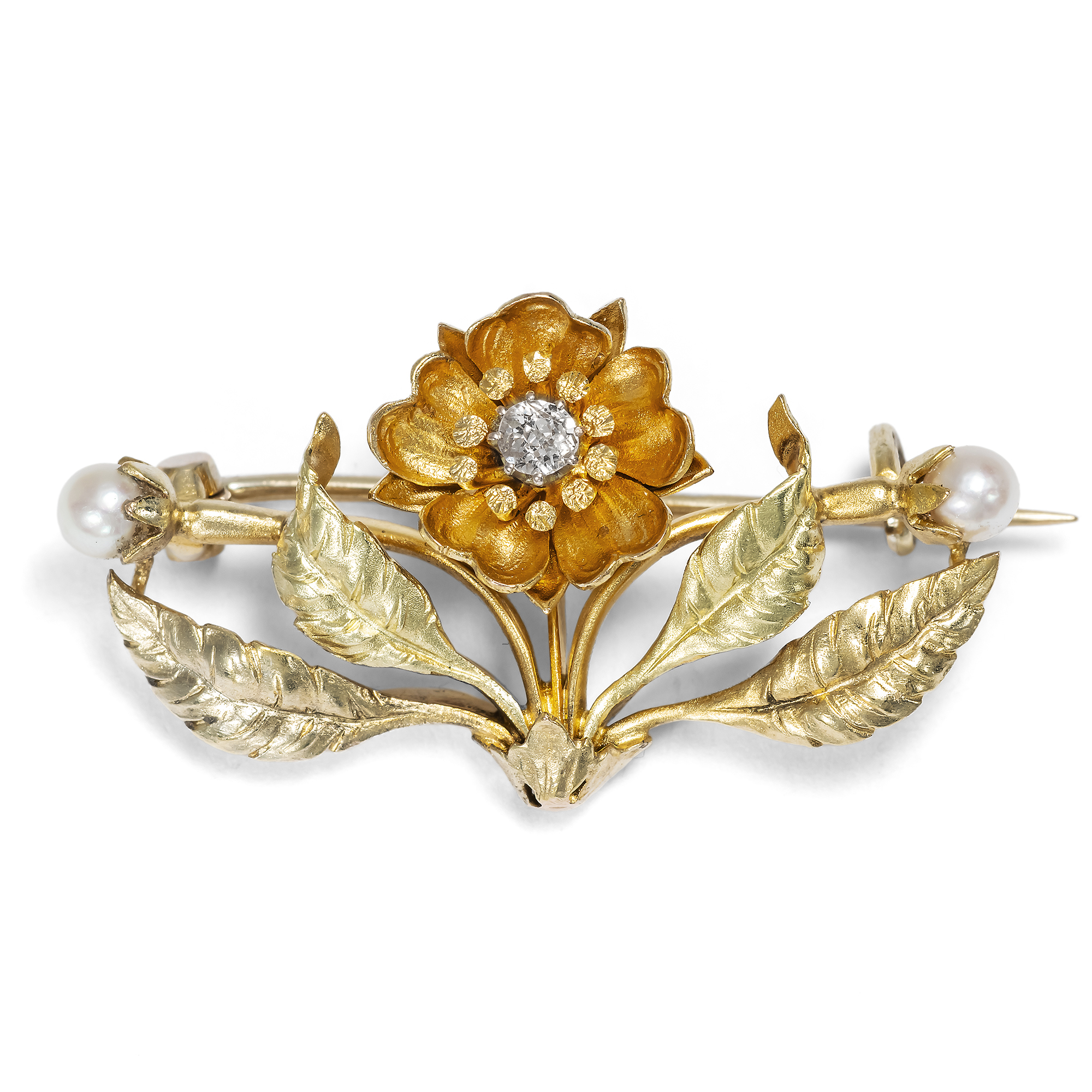 Florale Brosche mit Diamant & Perlen in Gold, Jugendstil um 1900 Florale Brosche mit Diamant & Perlen in Gold, Jugendstil um 1900