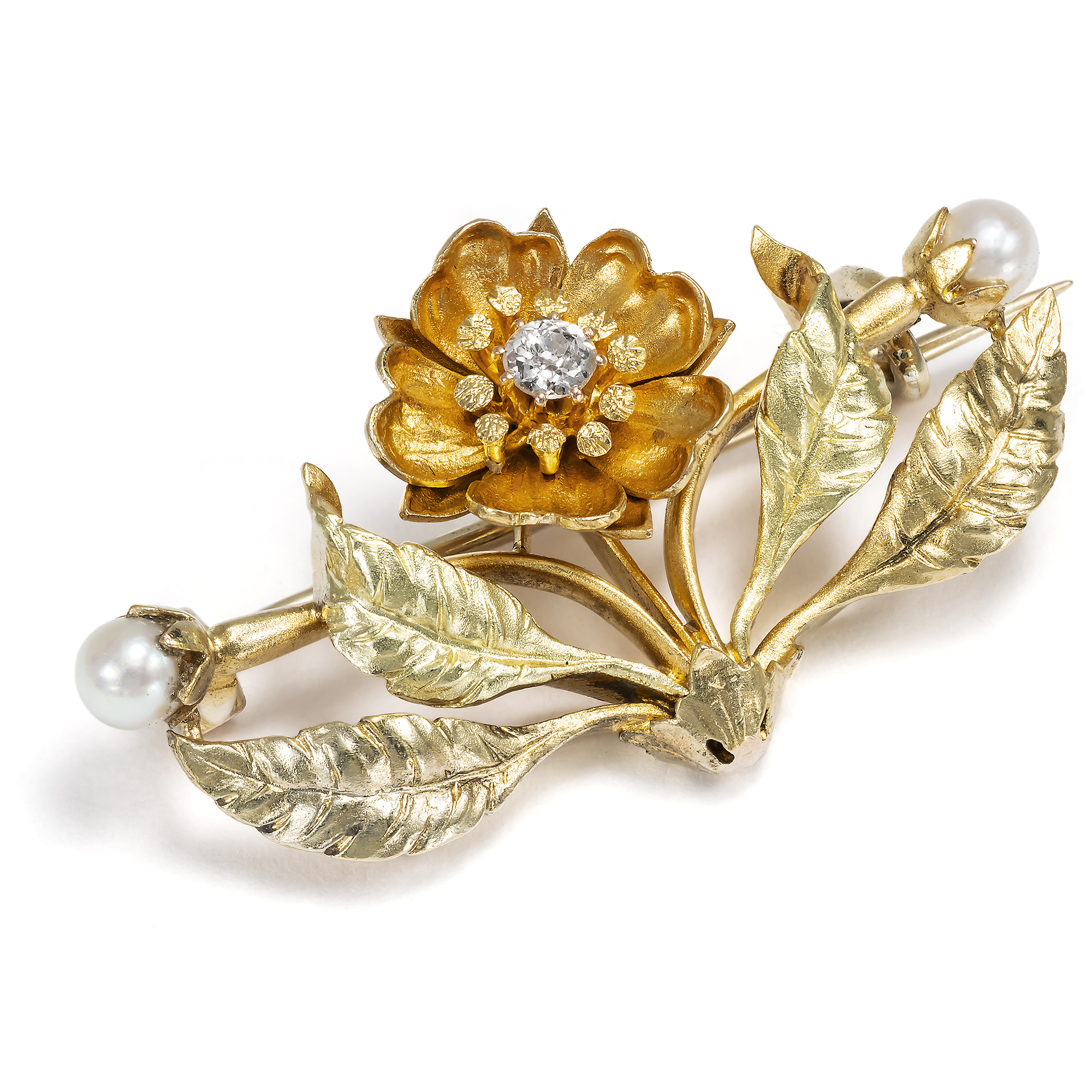 Florale Brosche mit Diamant & Perlen in Gold, Jugendstil um 1900 Florale Brosche mit Diamant & Perlen in Gold, Jugendstil um 1900