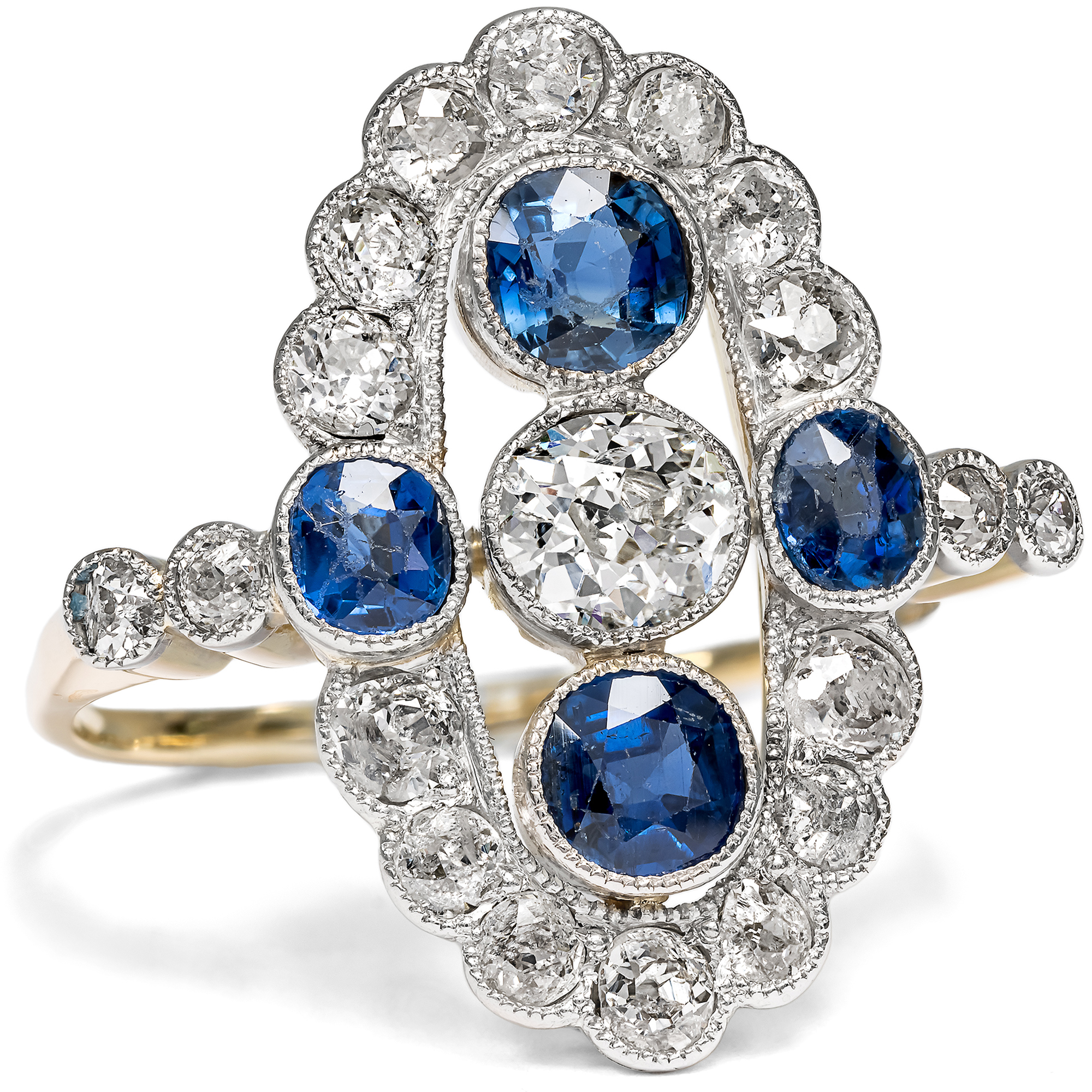 Ausdrucksvoller Ring mit unbehandelten Saphiren & Diamanten in Platin auf Gold, um 1910 Ausdrucksvoller Ring mit unbehandelten Saphiren & Diamanten in Platin auf Gold, um 1910