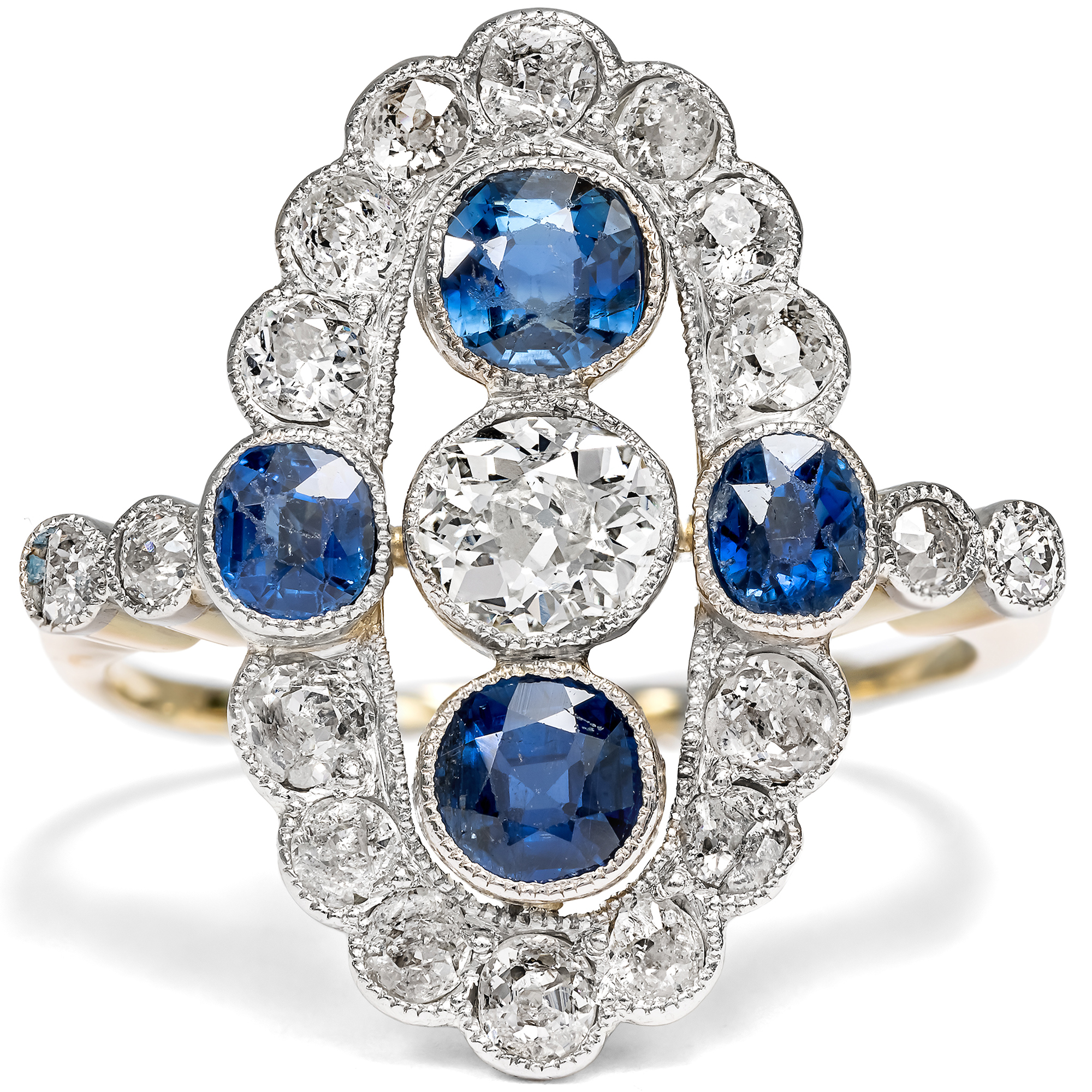 Ausdrucksvoller Ring mit unbehandelten Saphiren & Diamanten in Platin auf Gold, um 1910 Ausdrucksvoller Ring mit unbehandelten Saphiren & Diamanten in Platin auf Gold, um 1910