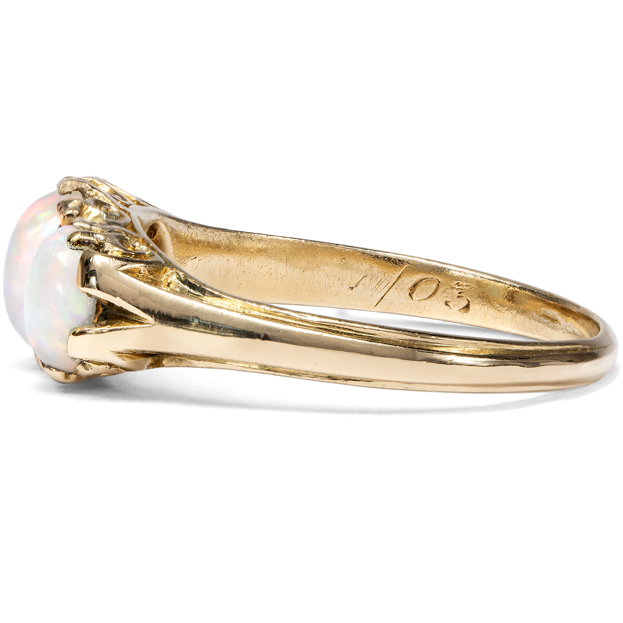 Antique Three-Stone Ring with Australian Opals in Gold, c. 1903 Antique Three-Stone Ring with Australian Opals in Gold, c. 1903