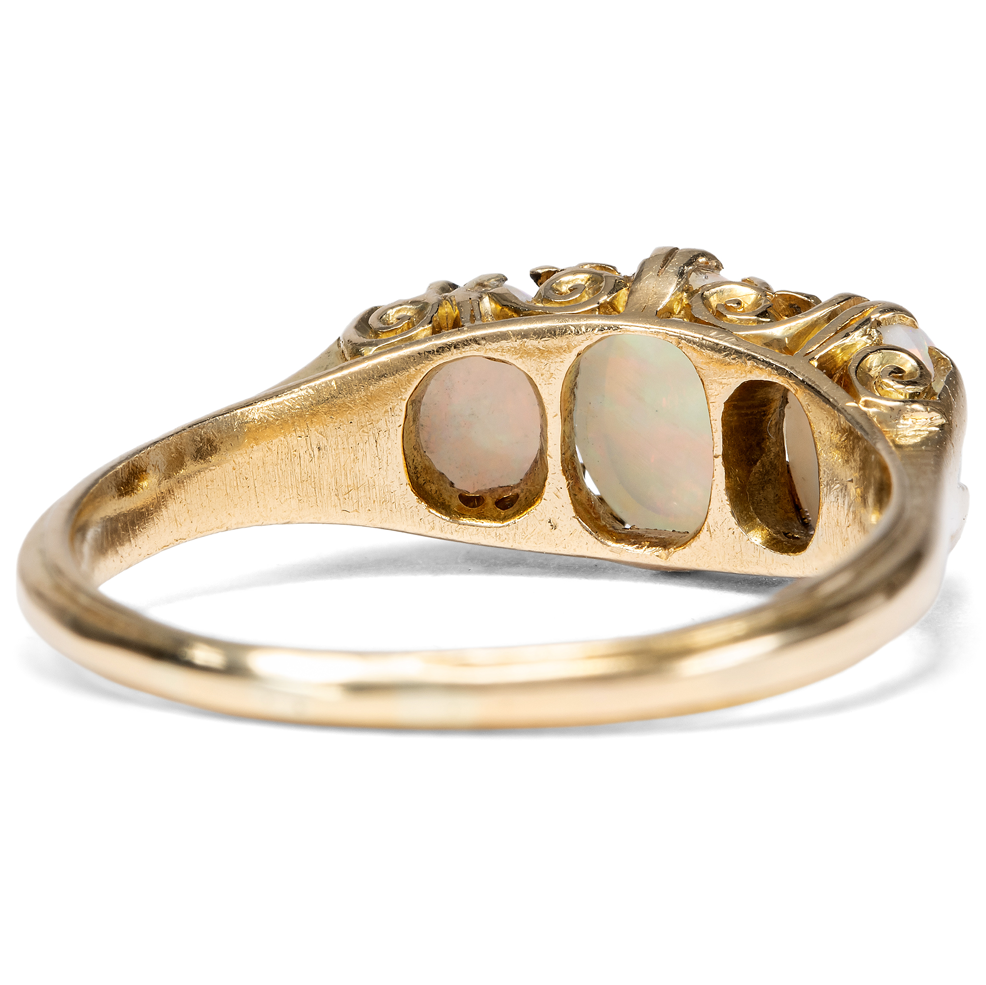 Antique Three-Stone Ring with Australian Opals in Gold, c. 1903 Antique Three-Stone Ring with Australian Opals in Gold, c. 1903
