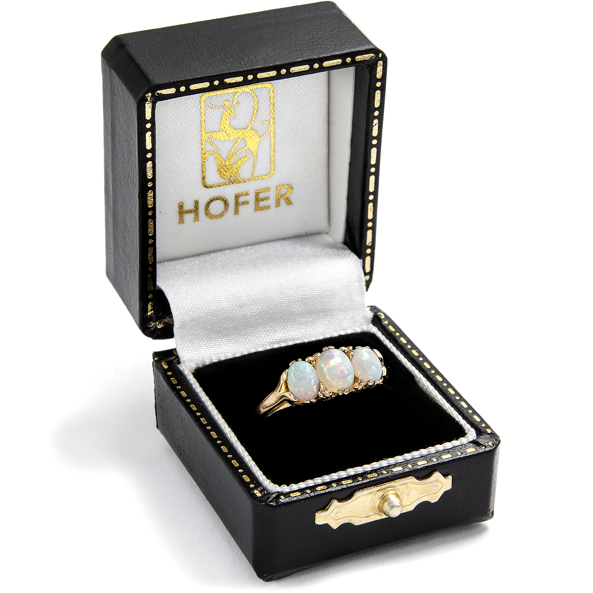 Antique Three-Stone Ring with Australian Opals in Gold, c. 1903 Antique Three-Stone Ring with Australian Opals in Gold, c. 1903