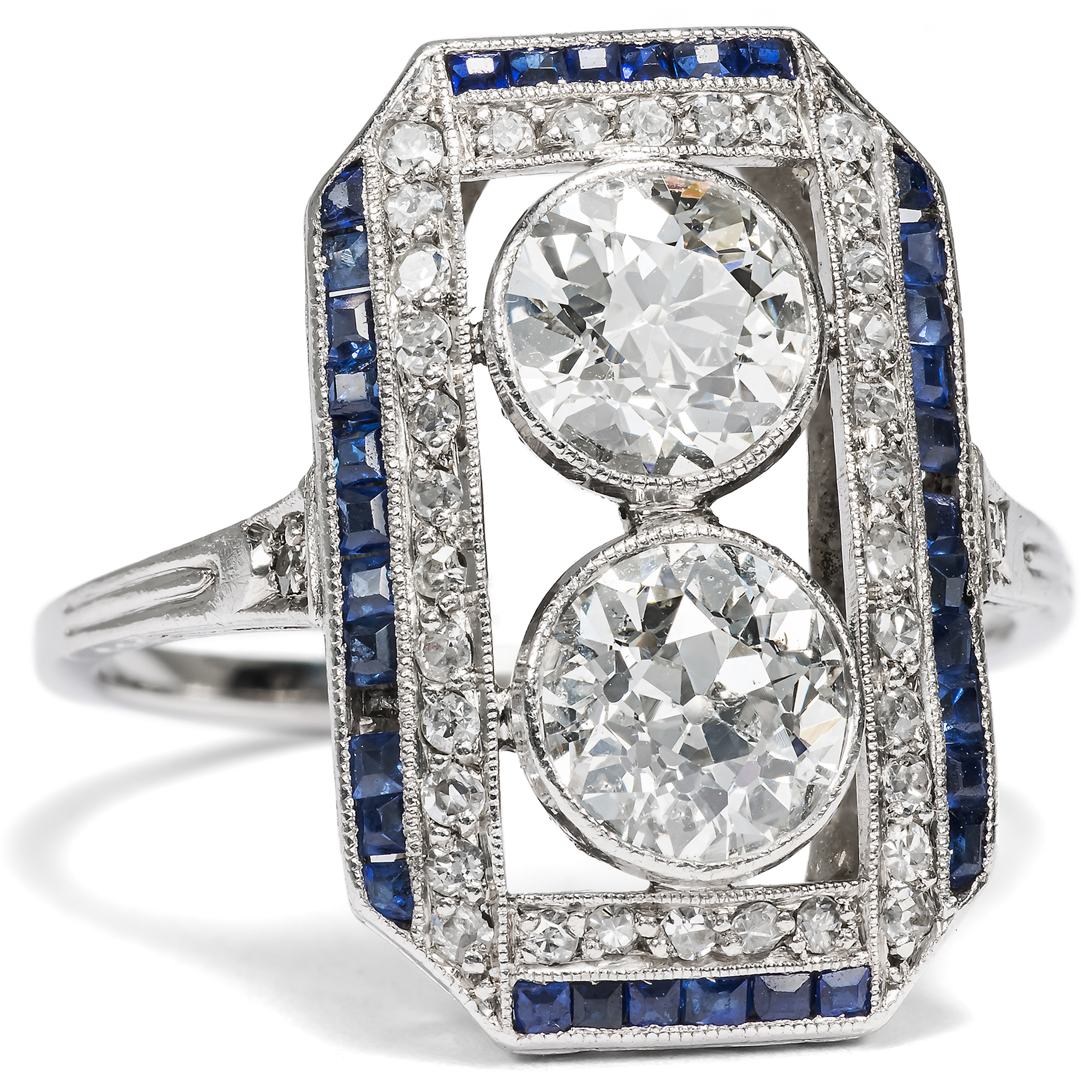 Kostbarer antiker Ring mit Diamanten & Saphiren in Platin, um 1915