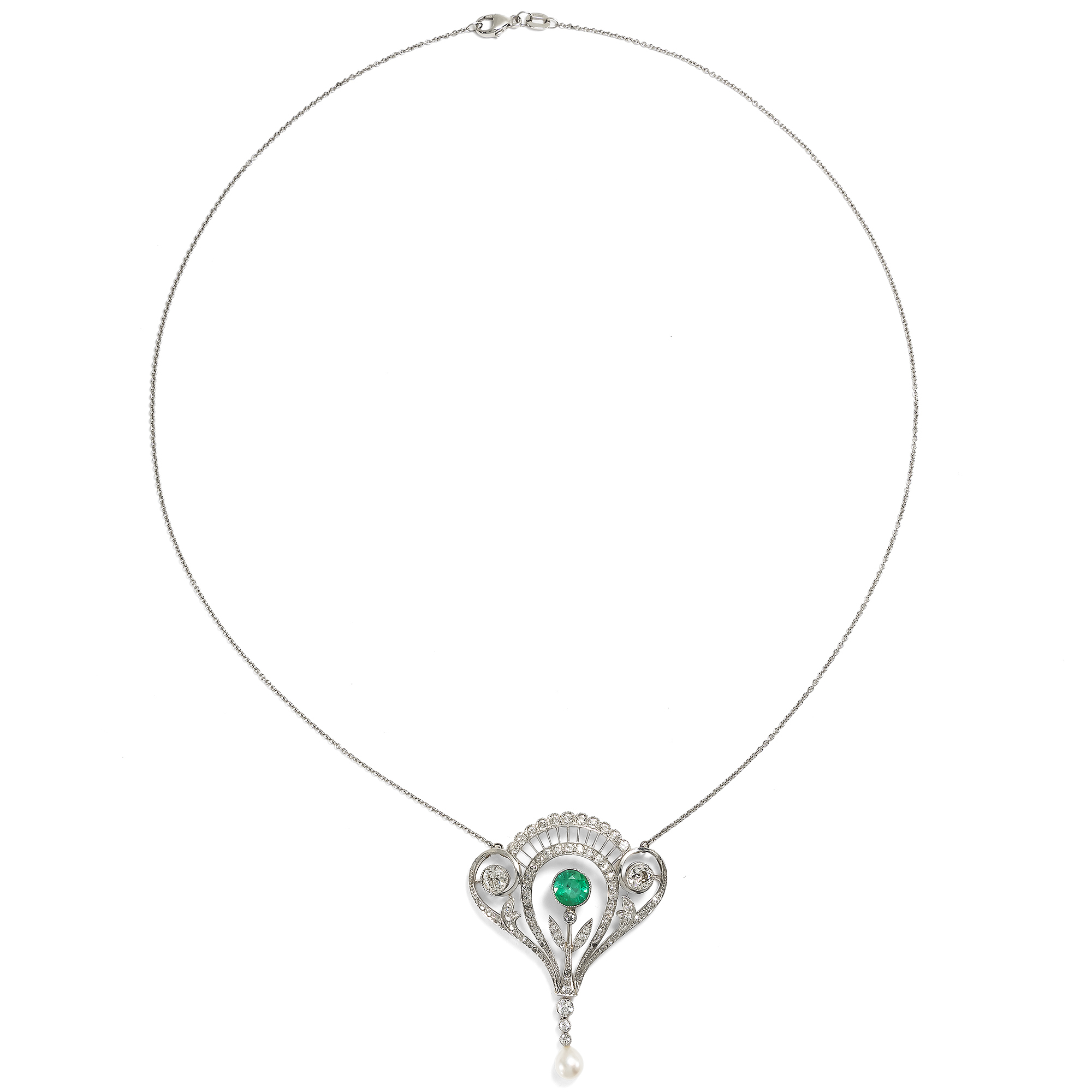 Feine Anhänger-Brosche mit Smaragd & Diamanten in Platin, um 1910 Feine Anhänger-Brosche mit Smaragd & Diamanten in Platin, um 1910