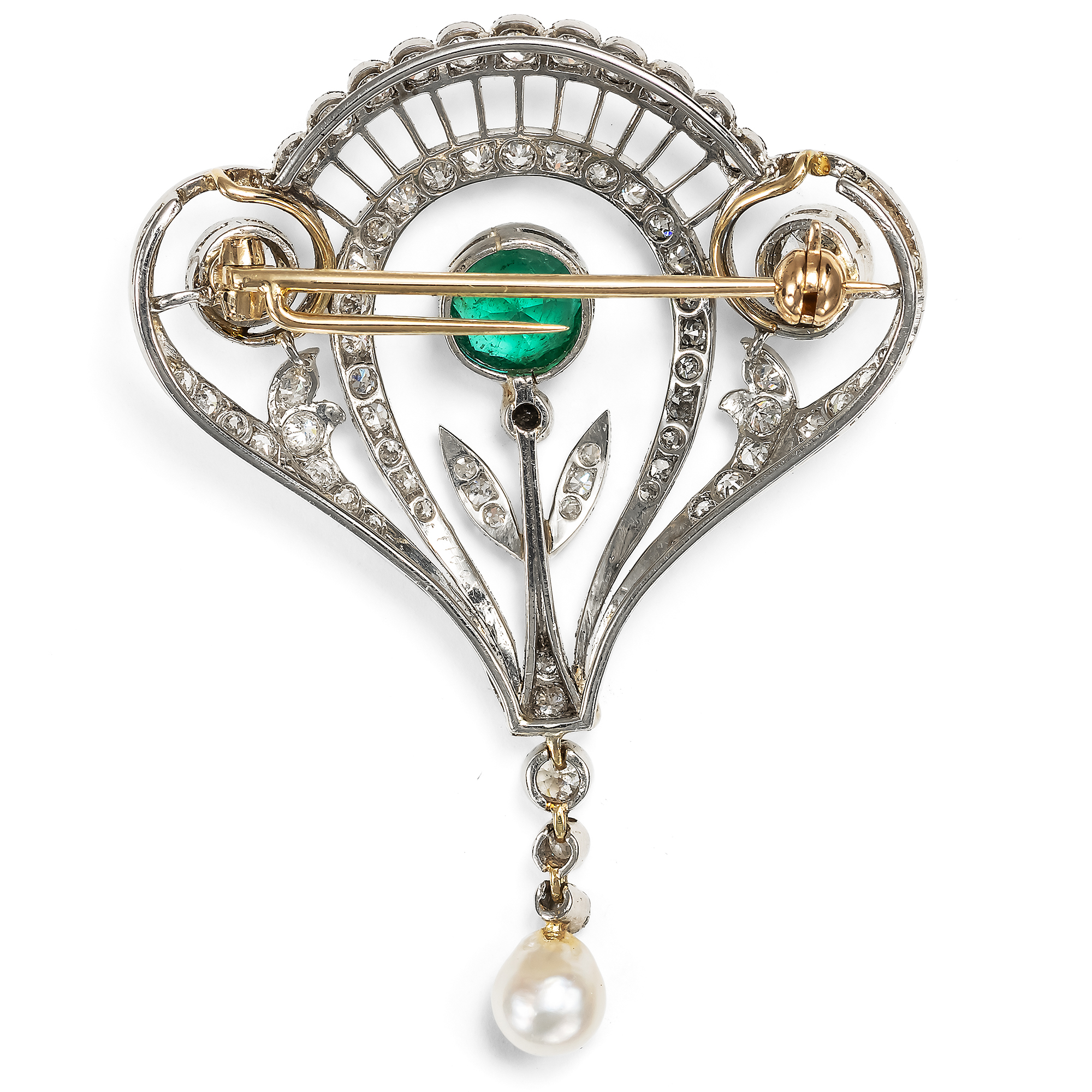 Feine Anhänger-Brosche mit Smaragd & Diamanten in Platin, um 1910 Feine Anhänger-Brosche mit Smaragd & Diamanten in Platin, um 1910