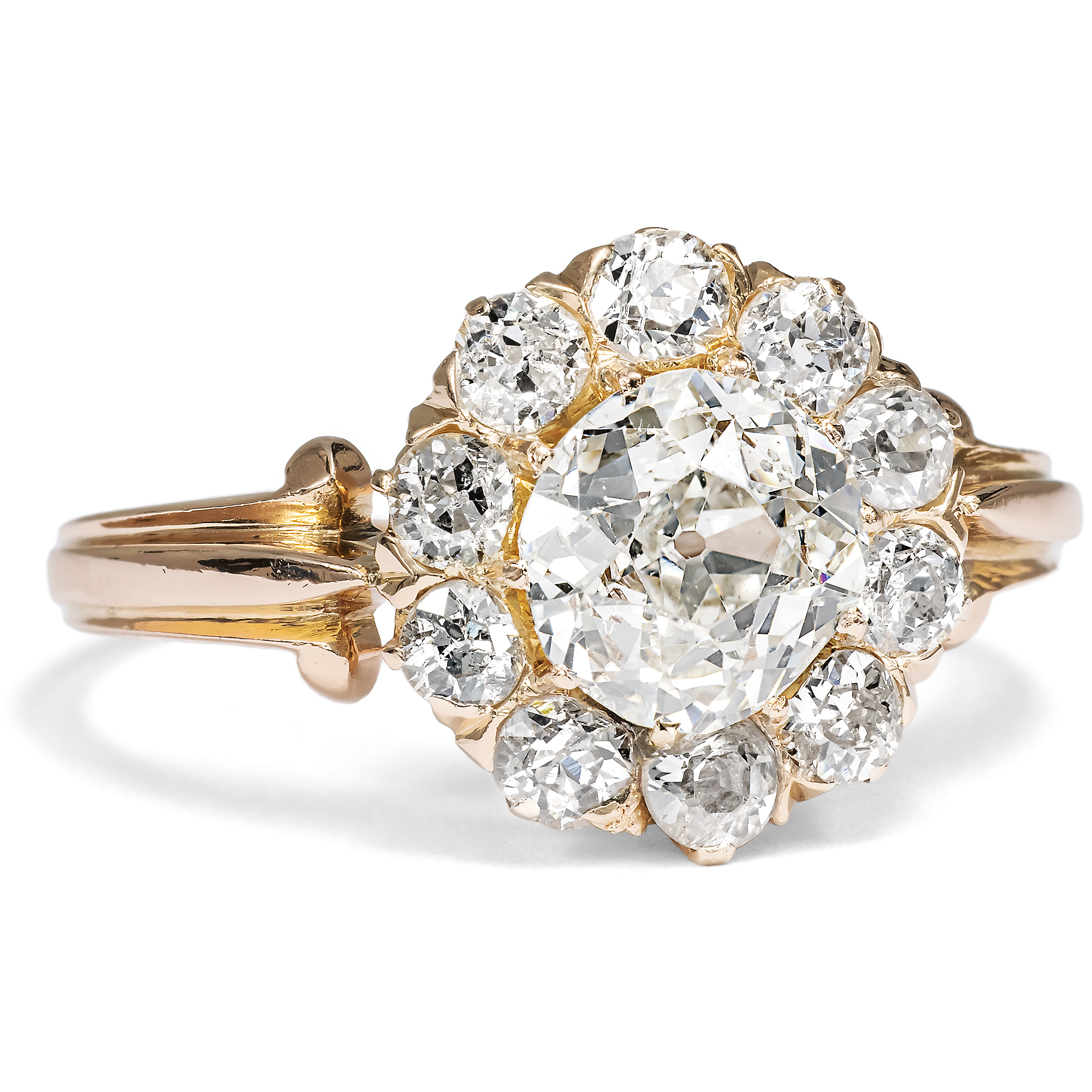 Kostbarer Entourage-Ring mit Diamanten im Altschliff in Roségold, um 1890
