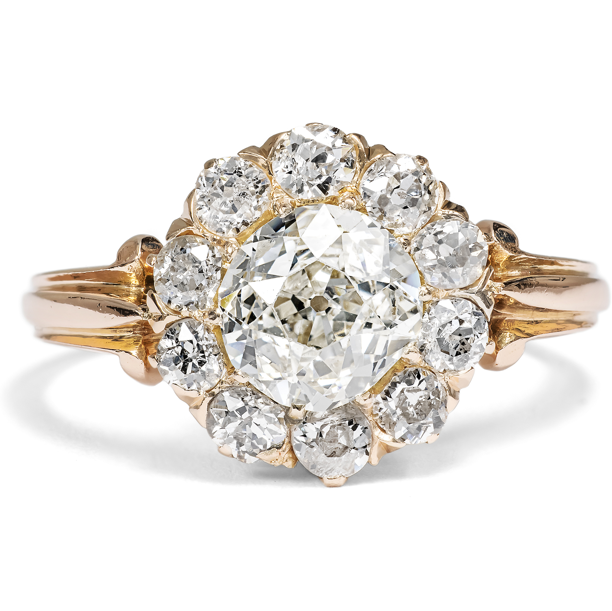 Kostbarer Entourage-Ring mit Diamanten im Altschliff in Roségold, um 1890