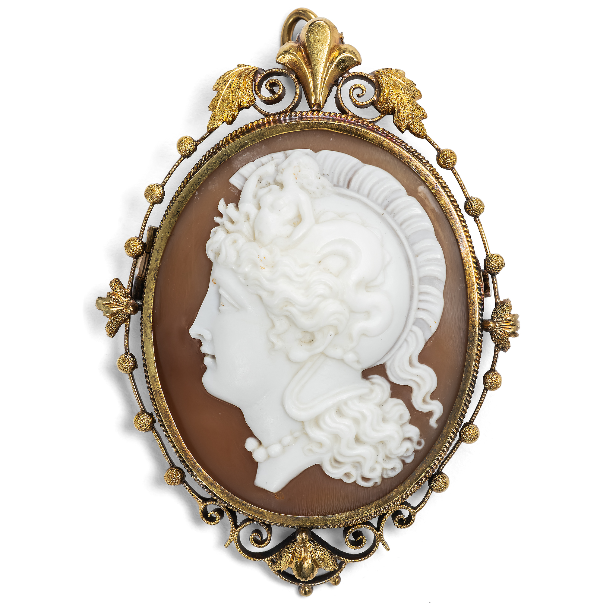 Antique Pendant-Brooch with a Shell Cameo of Athena in Gold, c. 1880 Antique Pendant-Brooch with a Shell Cameo of Athena in Gold, c. 1880