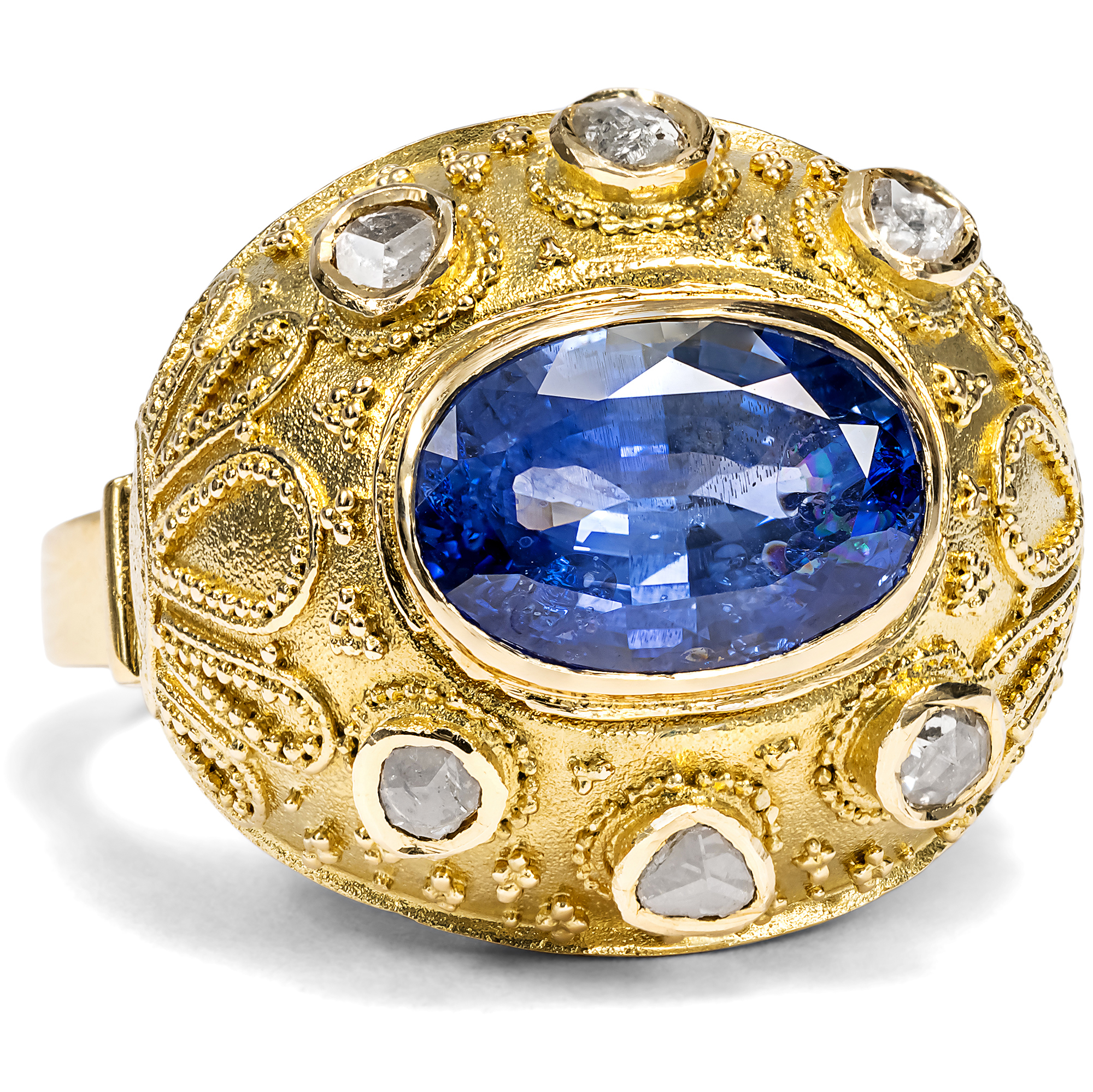 Vintage Dome Ring with Sapphire & Diamonds in Granulated Gold, c. 1955 & Later Vintage Dome Ring with Sapphire & Diamonds in Granulated Gold, c. 1955 & Later