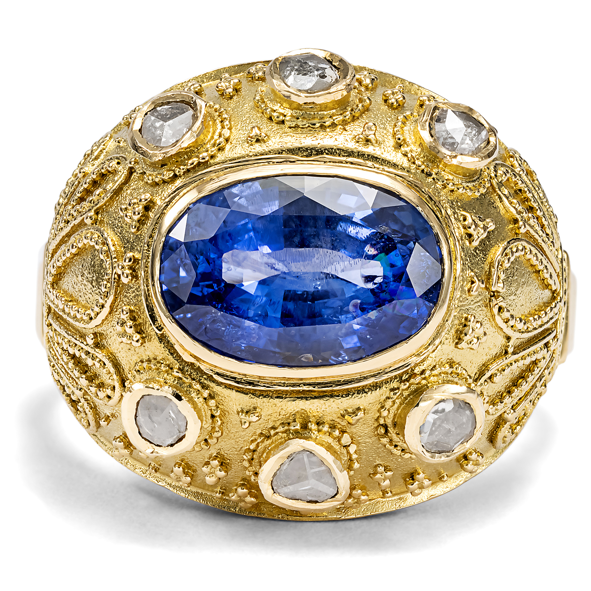 Vintage Dome Ring with Sapphire & Diamonds in Granulated Gold, c. 1955 & Later Vintage Dome Ring with Sapphire & Diamonds in Granulated Gold, c. 1955 & Later