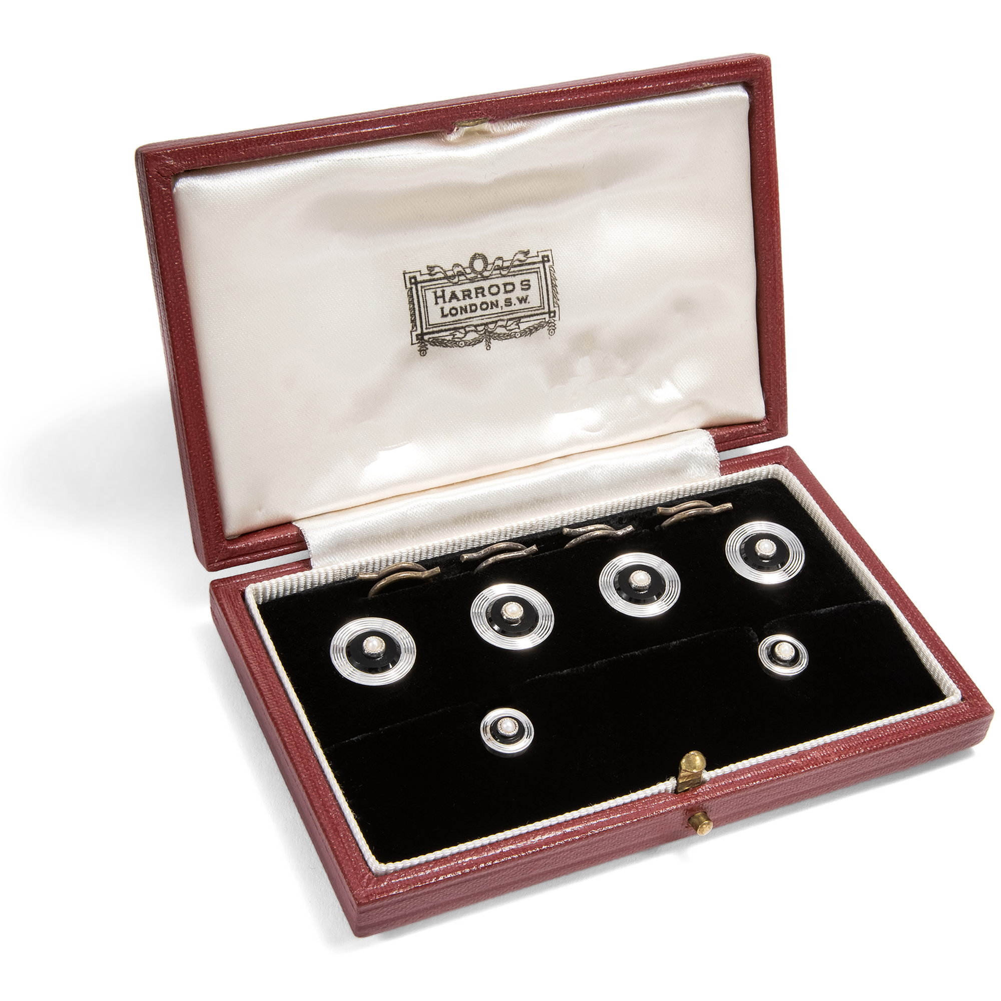 Stilvolles Frack-Set aus Weißgold, Onyx & Perlen von Harrods, London 1984 Stilvolles Frack-Set aus Weißgold, Onyx & Perlen von Harrods, London 1984