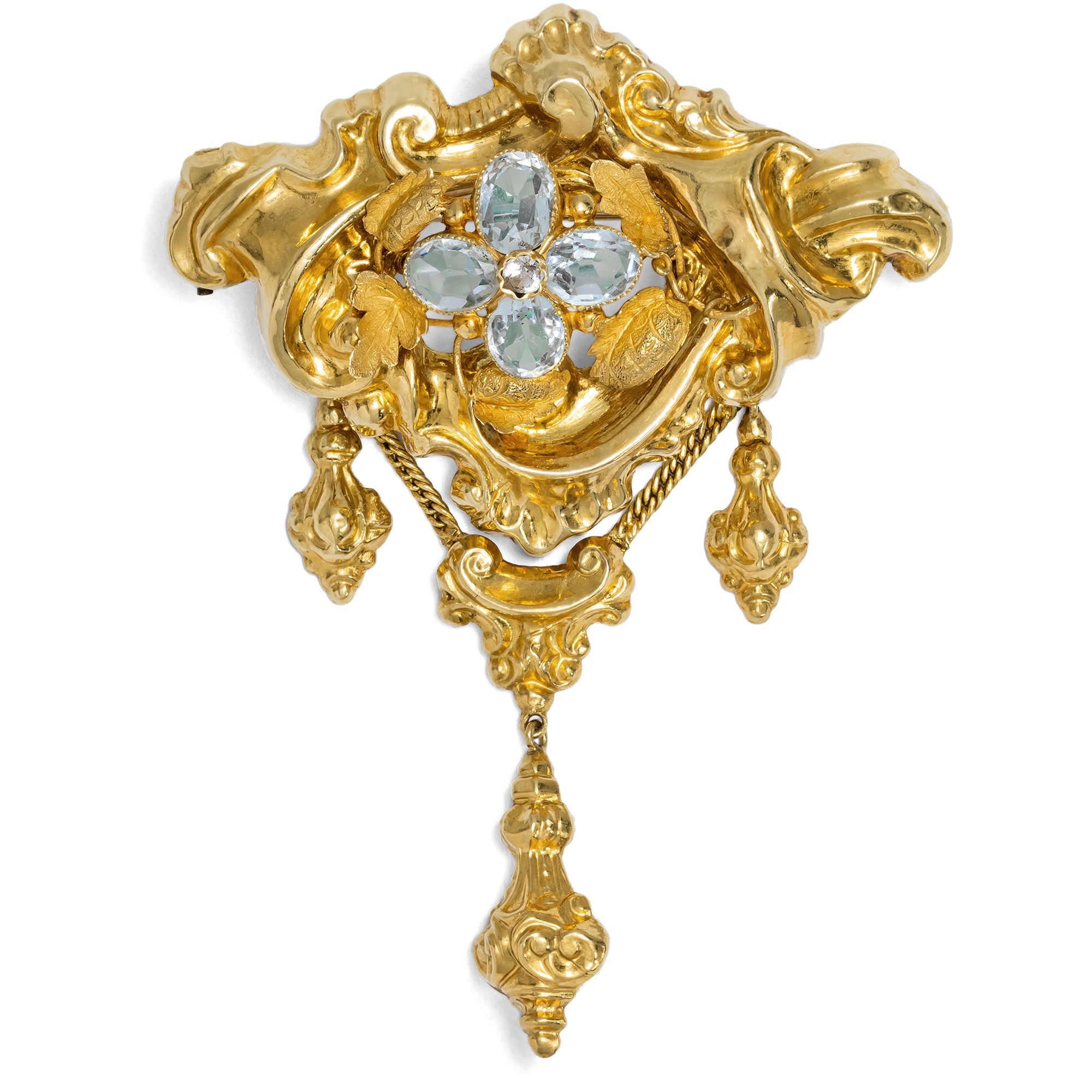 Eindrucksvolle Brosche des Biedermeier mit Aquamarinen in Gold, um 1845 Eindrucksvolle Brosche des Biedermeier mit Aquamarinen in Gold, um 1845